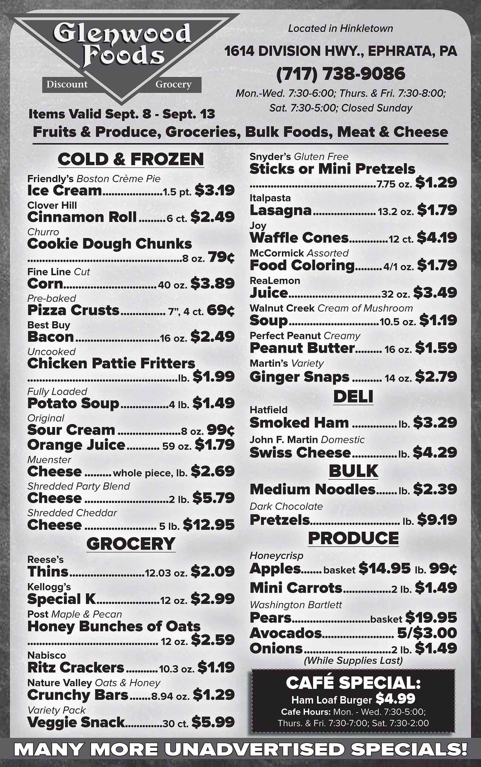 Black-and-white grocery store flyer listing discounted prices for cold and frozen foods, grocery, dairy, produce, and bulk food items, with store hours and contact information at the top.