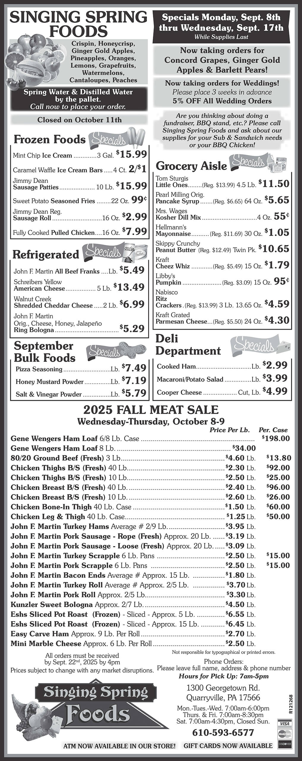 Black and white grocery store flyer listing products and prices for frozen, refrigerated, and grocery items, plus meat specials and store information at the bottom.
