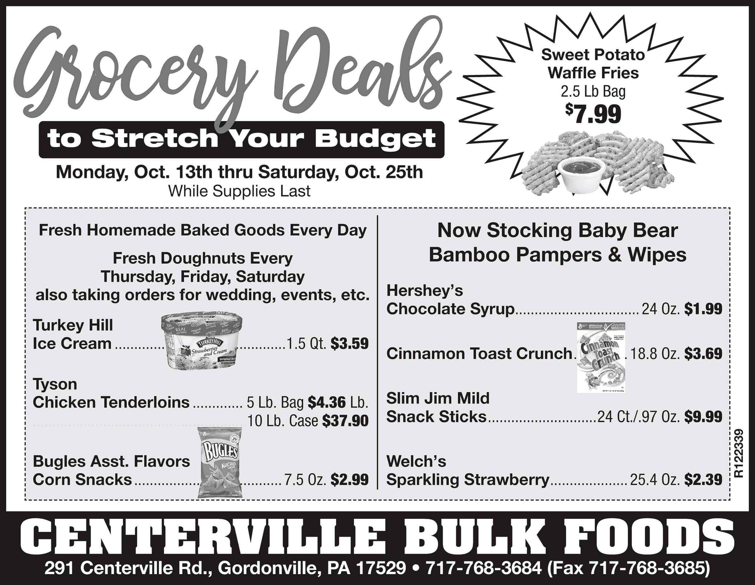Black and white grocery store ad listing discounted products like meats, snacks, Hershey’s chocolate syrup, and baby diapers at Centerville Bulk Foods, valid Oct. 13-25.