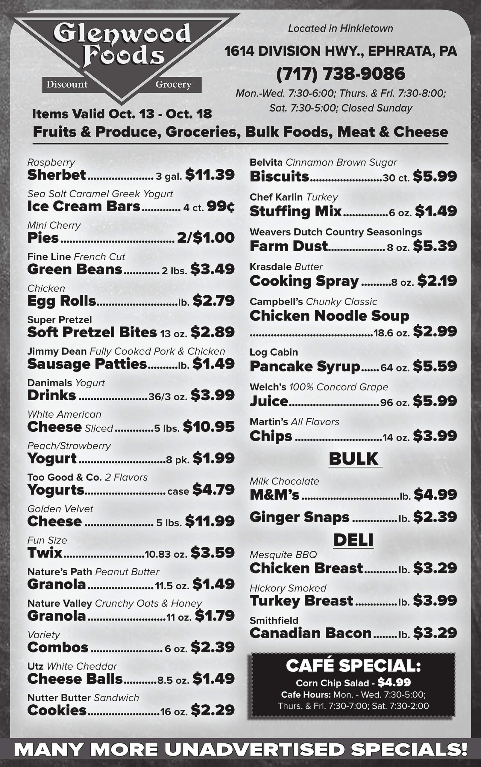 Black and white grocery store ad lists discounted prices on various food items, deli meats, canned goods, bakery items, and cleaning products, with store info at the top.