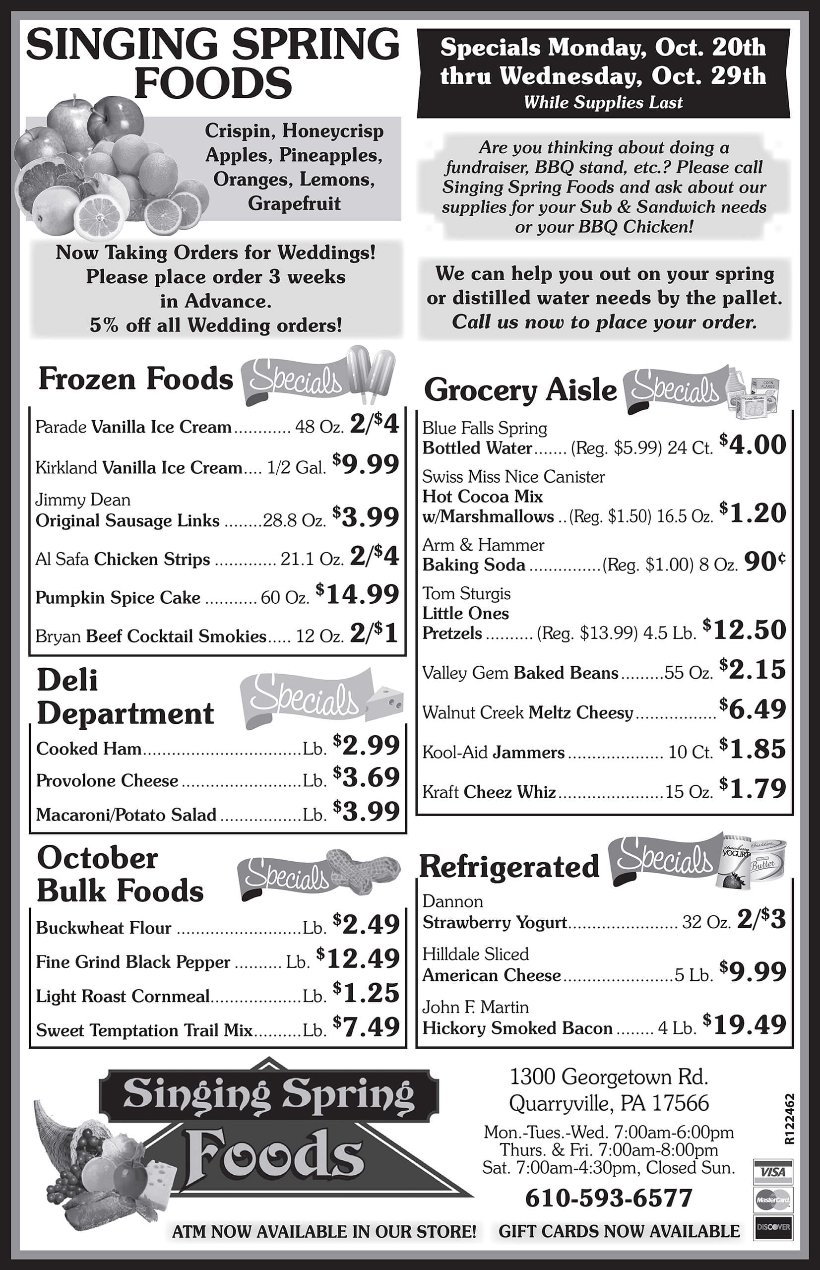 Black-and-white grocery store ad listing prices for frozen foods, deli, bakery, bulk goods, and grocery items, with specials for October 20th–29th and a note about wedding orders.