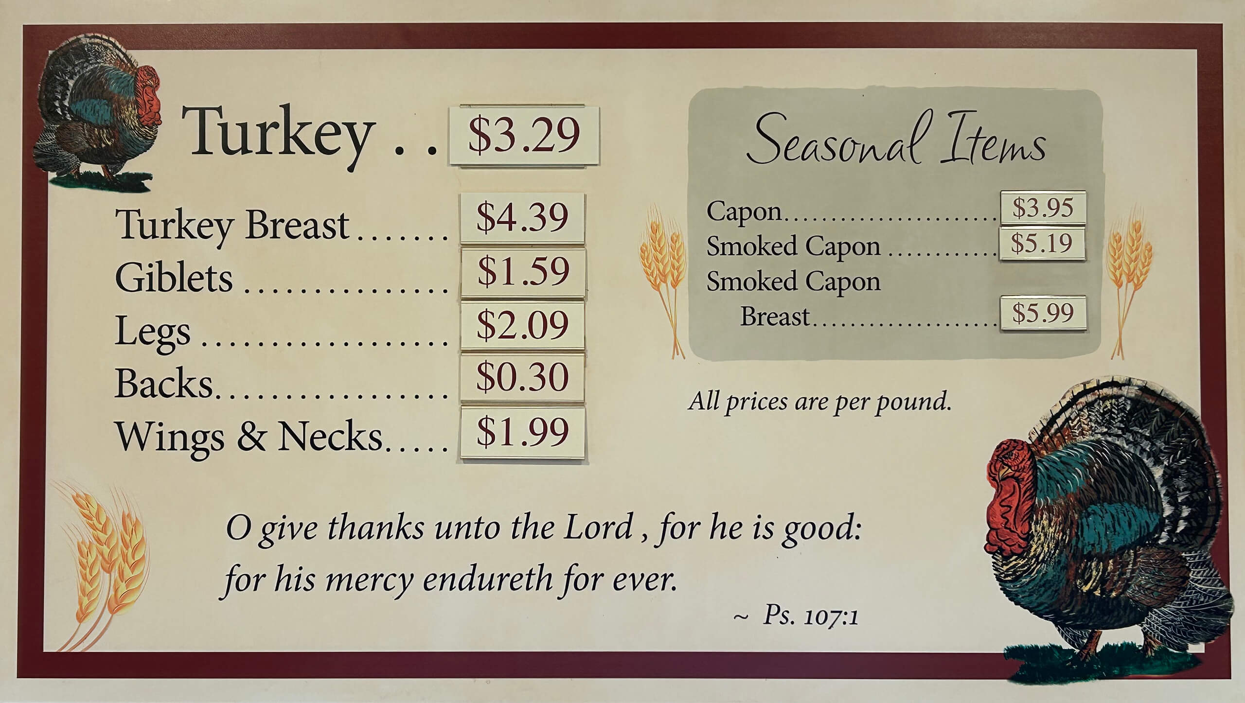 Weaver’s Turkey Farm Leola PA Menu displays turkey meat prices per pound, including turkey breast, giblets, legs, backs, wings & necks, and seasonal items such as capon and smoked capon. Bible verse at bottom.