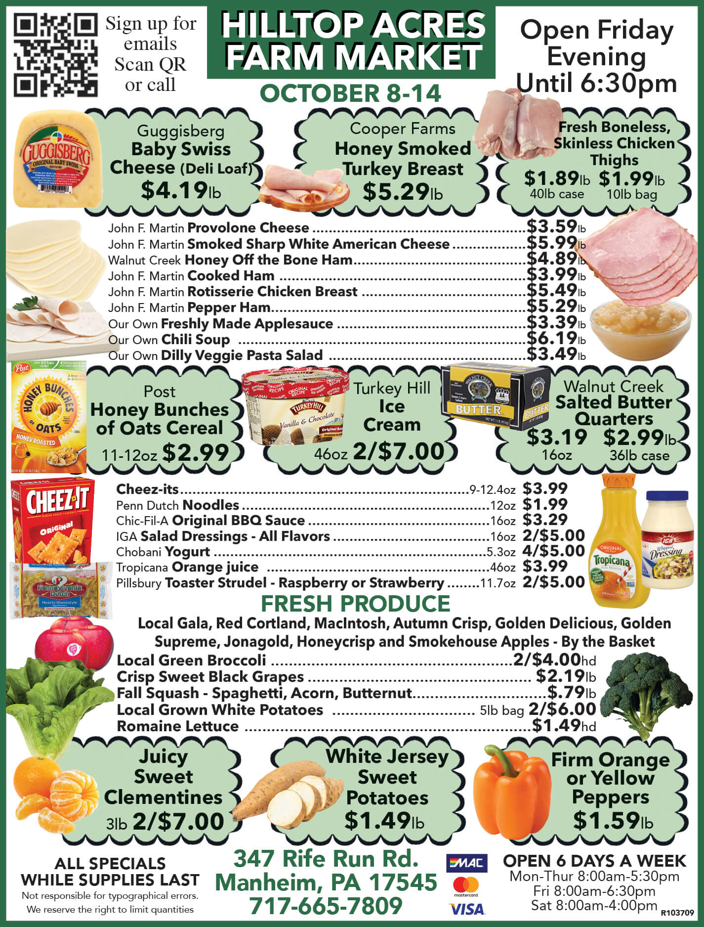 Hilltop Acres Farm Market flyer listing produce, deli meats, cheeses, snacks, specials, and store hours, with images of food and contact information for October 8-14.