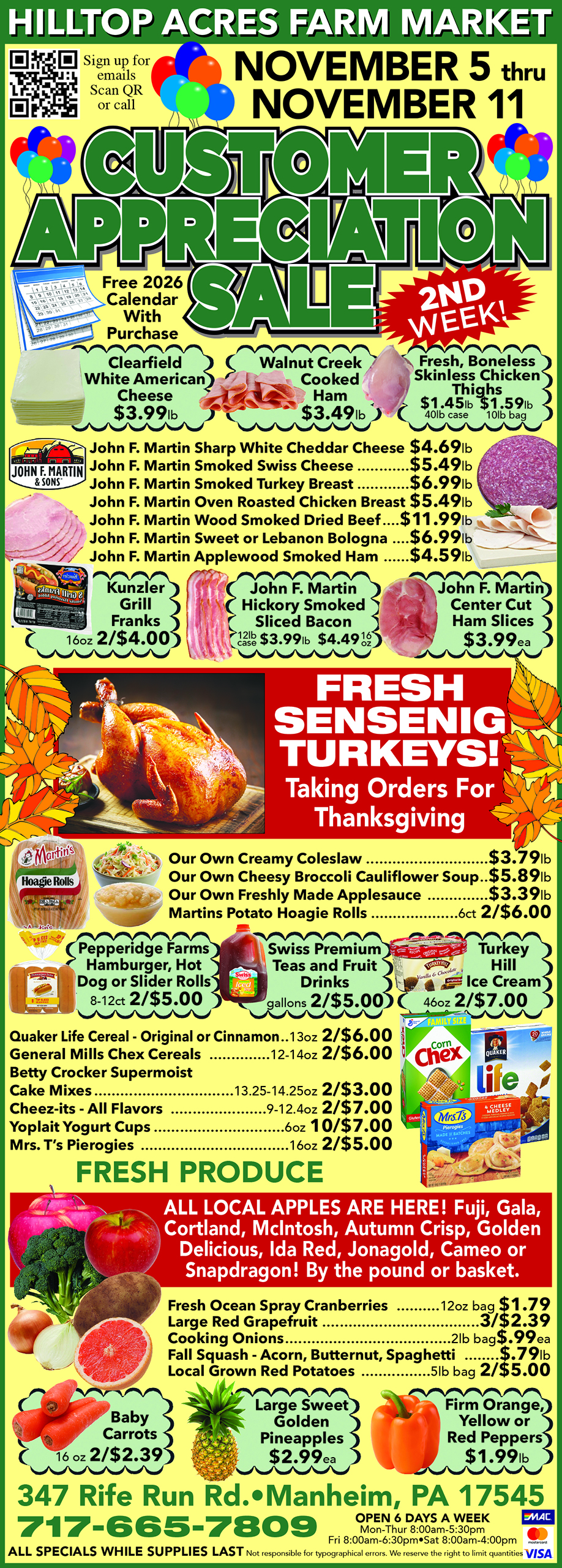 Colorful grocery store flyer advertising Hilltop Acres Farm Market's Customer Appreciation Sale with images of meats, cheeses, produce, and sale prices, valid November 5–11.