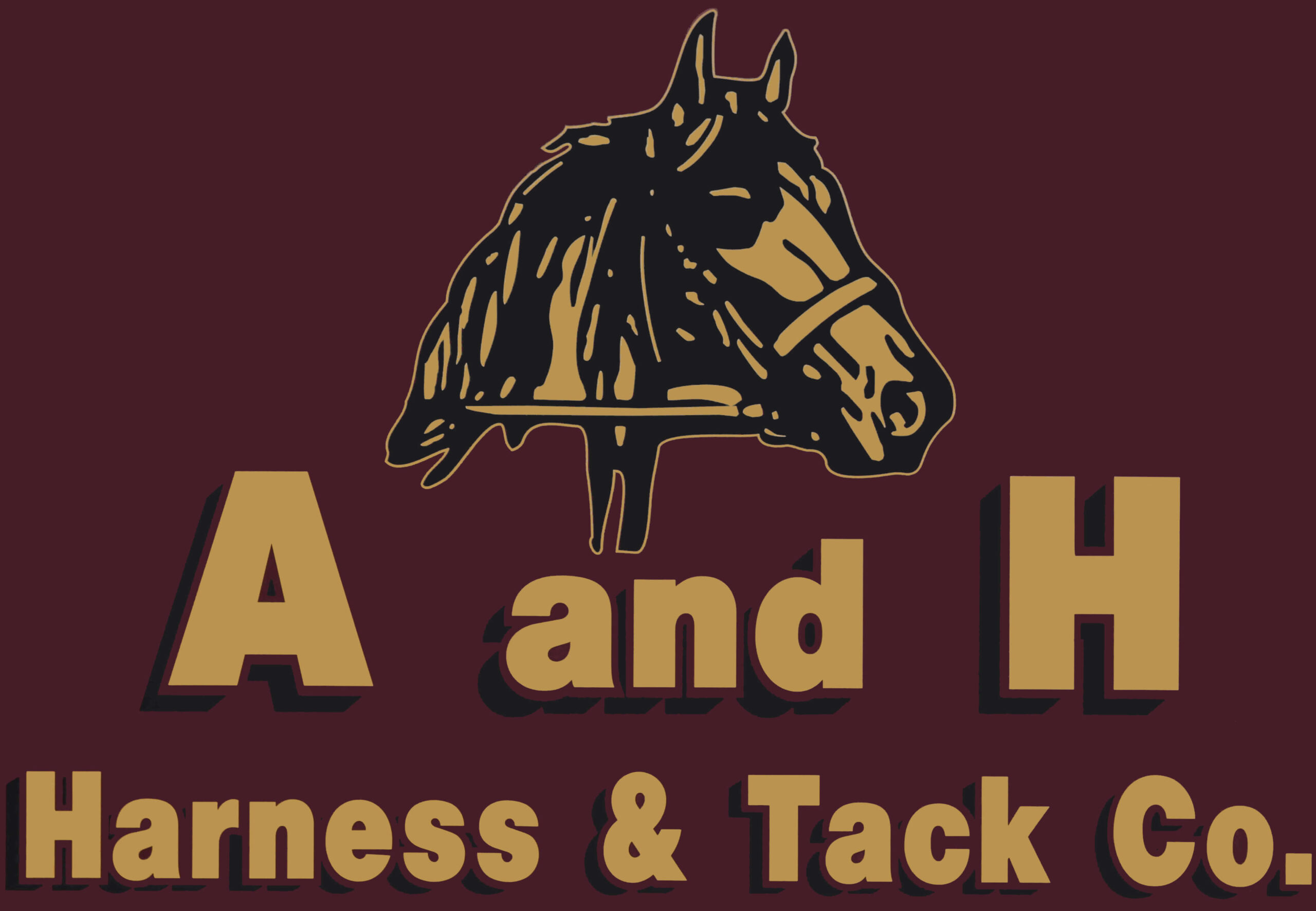 A logo featuring a horse’s head above the text “A and H Harness & Tack Co.” in gold letters on a dark red background.