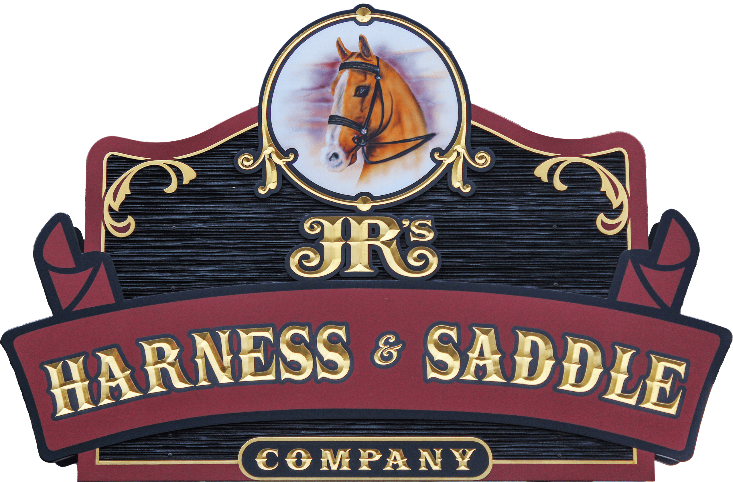 A sign displays a horse head illustration above the text "JR's Harness & Saddle Company" in ornate lettering.