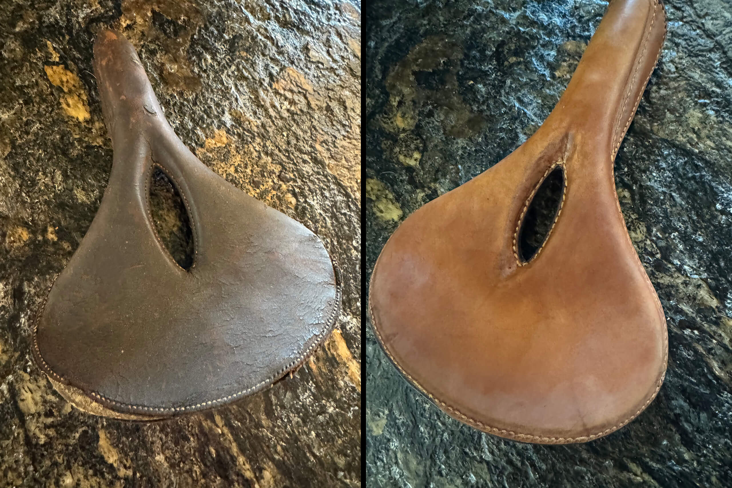 Side-by-side comparison of a worn, dark leather bicycle seat on the left and a restored, light brown leather seat on the right, both with an oval cutout in the middle.