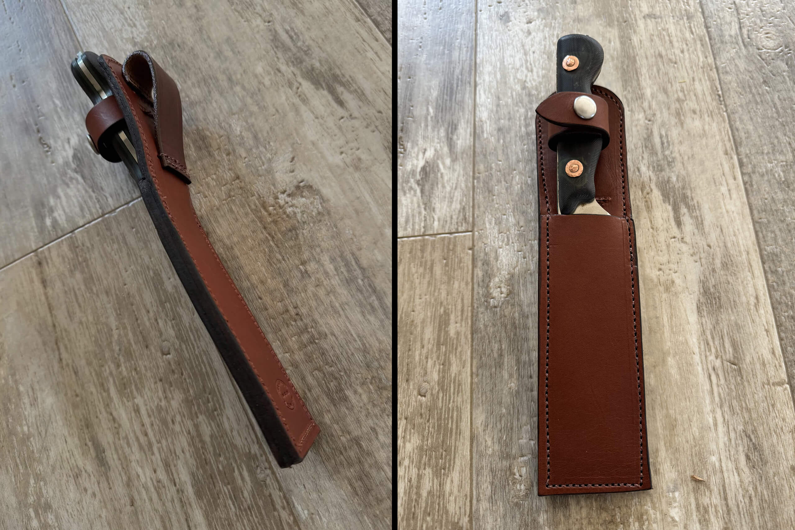 A handcrafted leather knife sheath with a snap closure, shown from the side and front on a wood floor. The handle of the knife is partially visible.