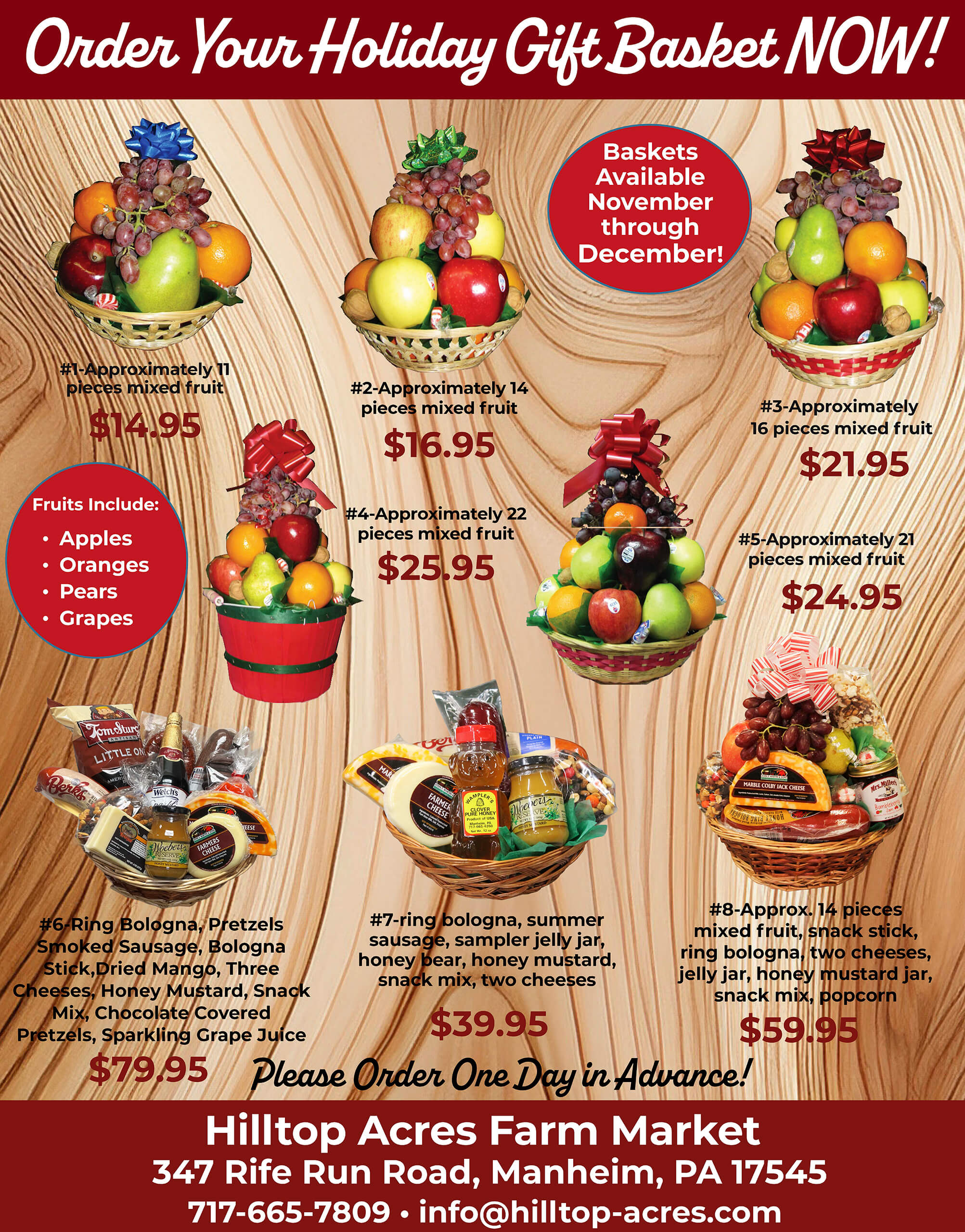 A holiday gift basket flyer displays various fruit and food gift baskets with prices, descriptions, and ordering information for Hilltop Acres Farm Market.