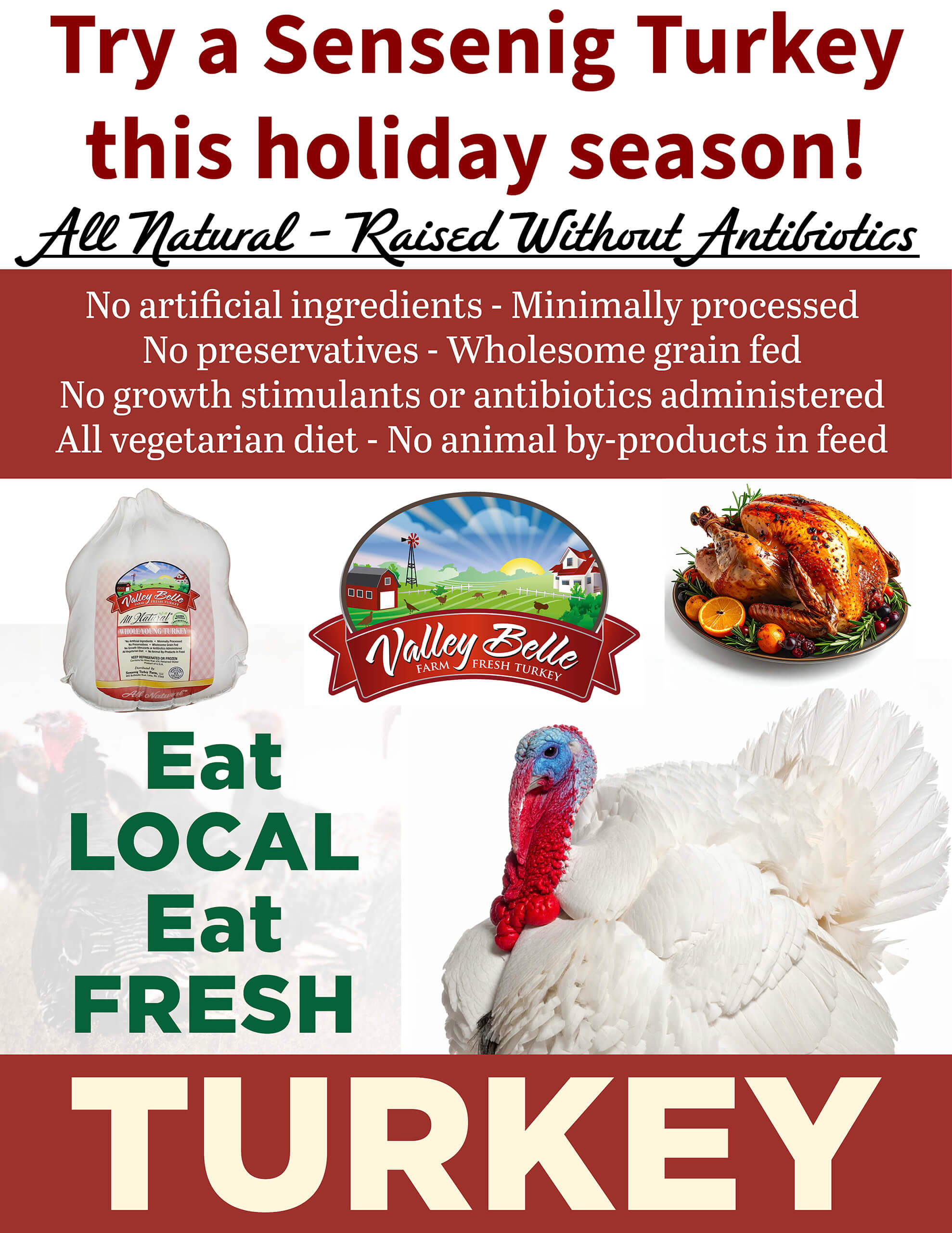 Promotional poster for Sensenig Turkey, highlighting antibiotic-free, all-natural, locally sourced turkeys with images of a whole turkey, a cooked turkey, and text about their farming practices.