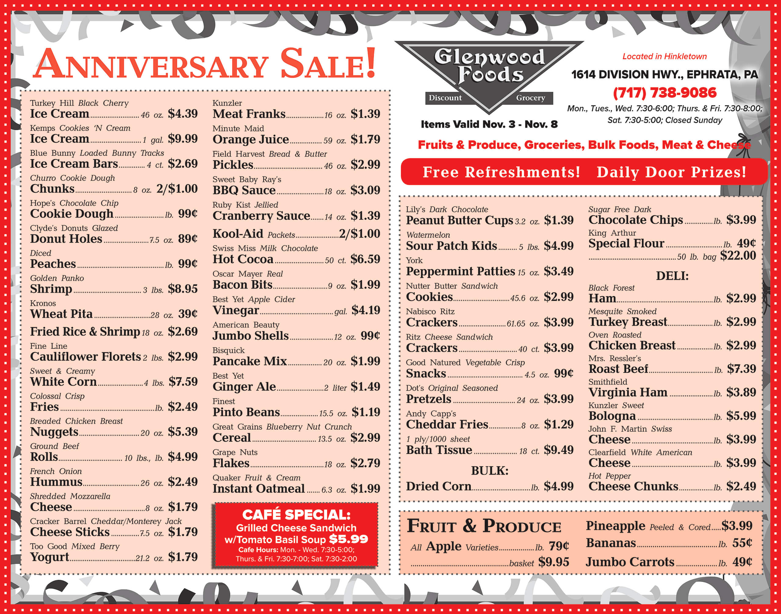 Anniversary sale flyer listing discounts on ice cream, baked goods, snacks, deli, bulk foods, and produce at Glenwood Foods. Free refreshments and daily door prizes are advertised.
