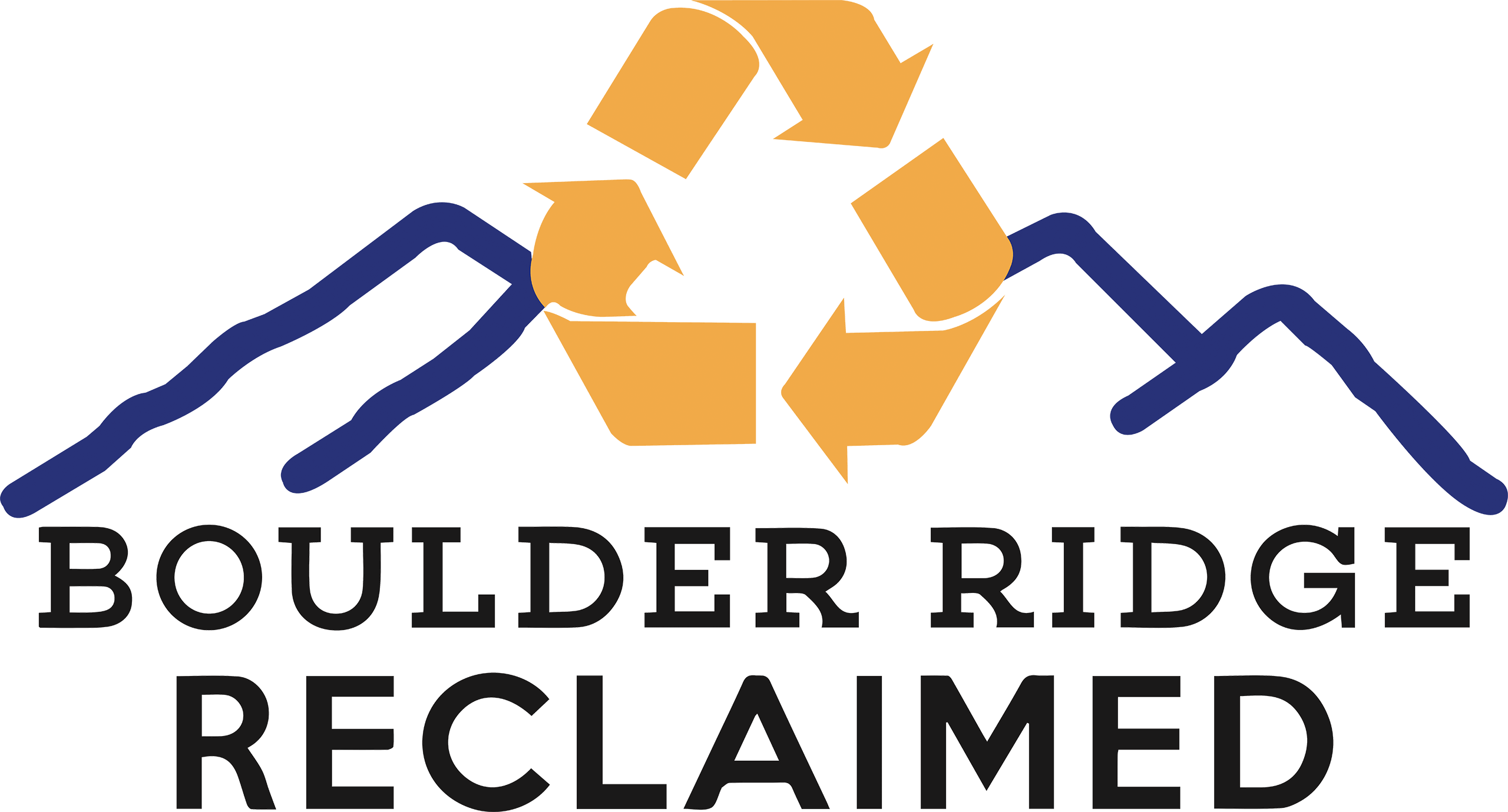 Logo with two blue mountain outlines, a yellow recycling symbol, and the words "Boulder Ridge Reclaimed" in bold black letters below.