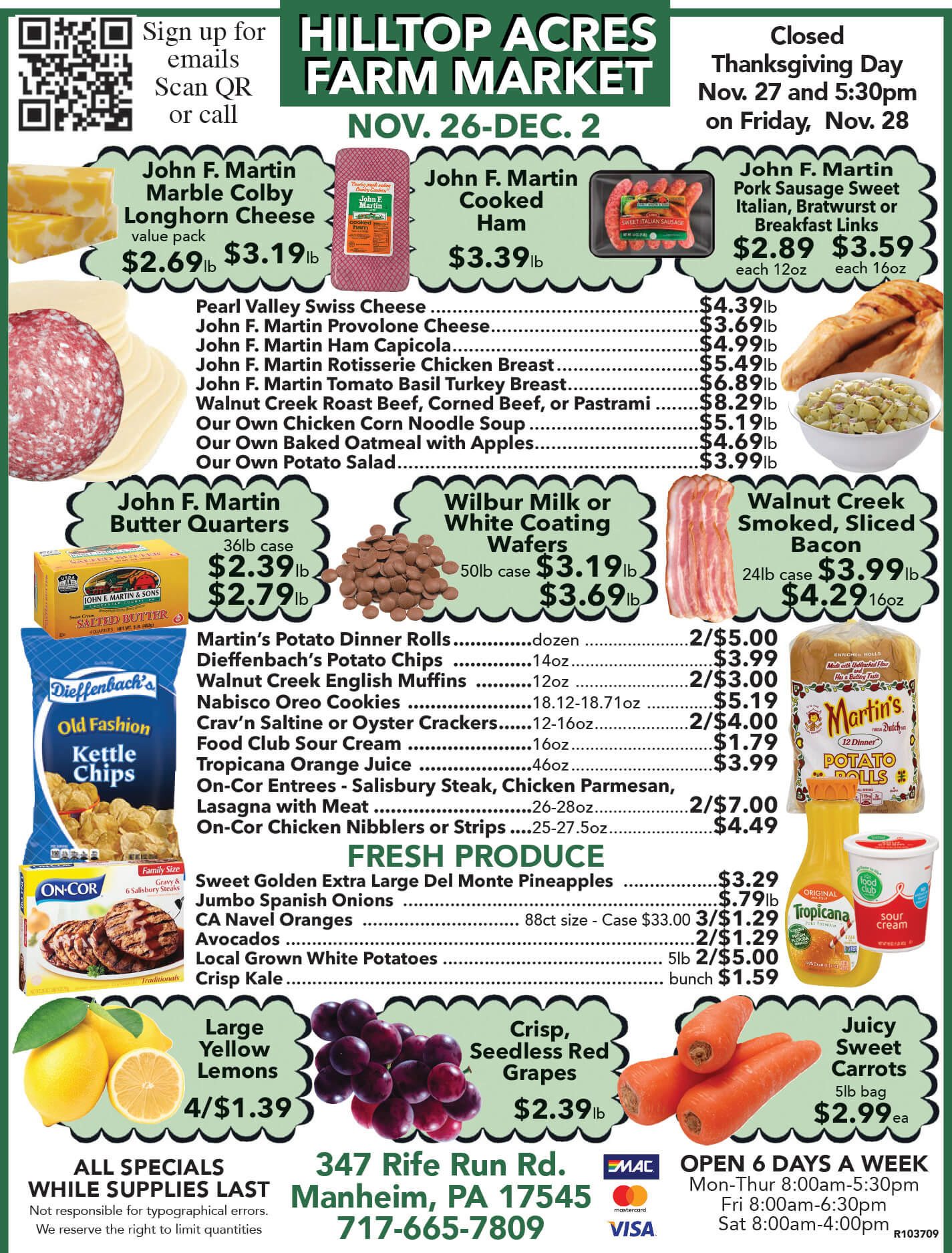 Hilltop Acres Farm Market sales flyer listing weekly specials on produce, meats, dairy, snacks, and bakery items, with contact details and store hours at the bottom.