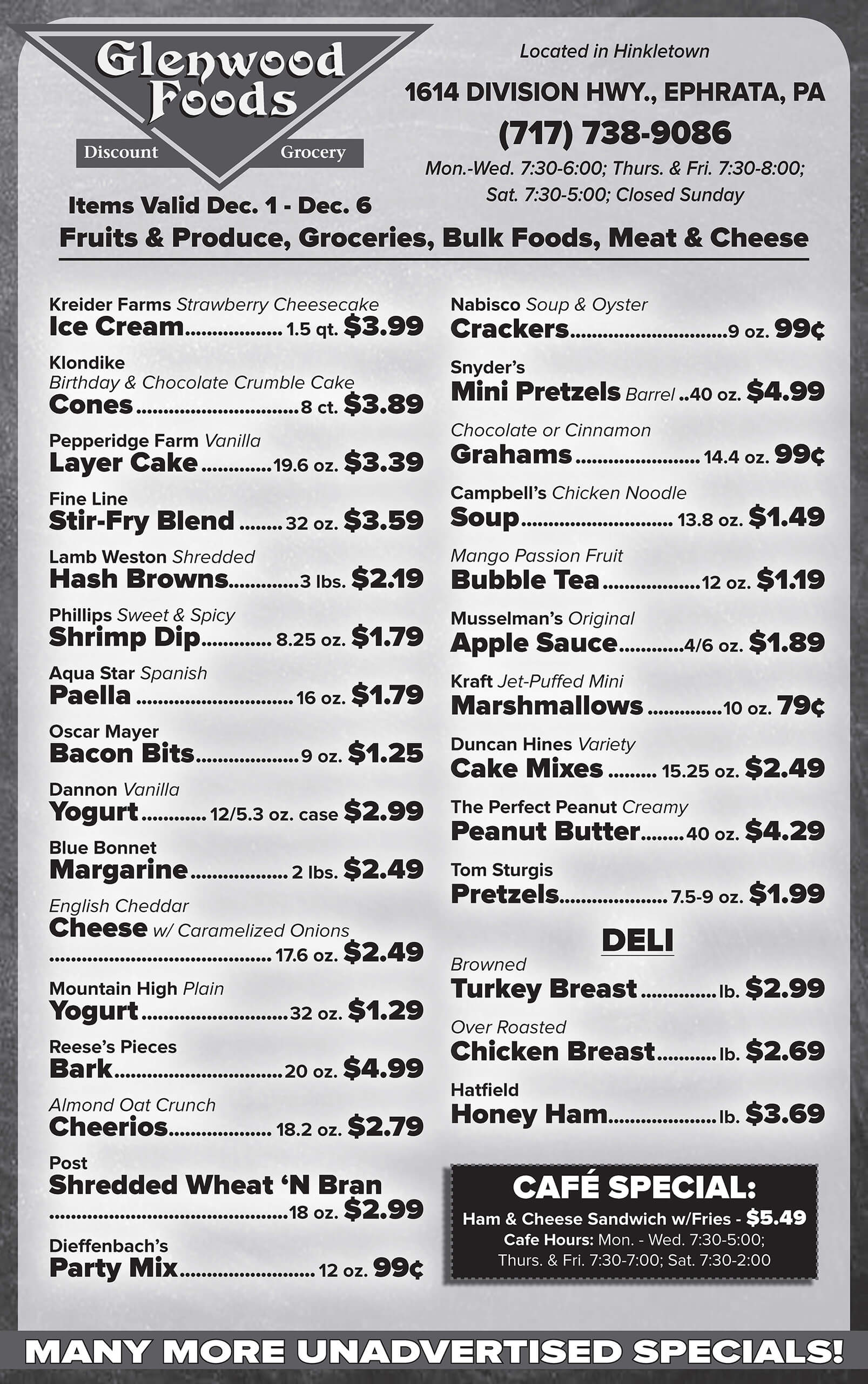 Glenwood Foods grocery specials flyer listing prices for various items including ice cream, broccoli, fried chicken, deli meats, snacks, and weekly café specials.