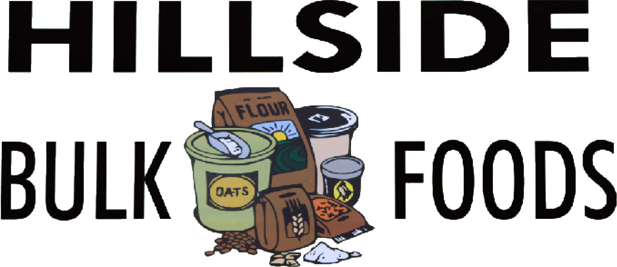 Sign displaying "HILLSIDE BULK FOODS" with illustrated bags and containers of flour, oats, coffee, a drink, and other food items in the center.