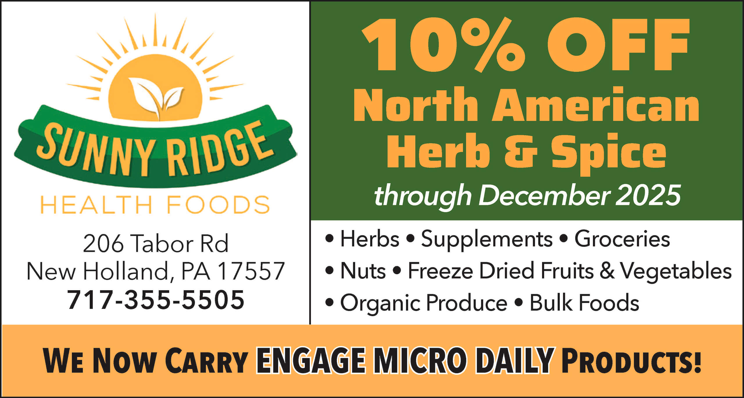 11.29.25 Sunny Ridge Health Foods Ad Sunny Ridge Health Foods ad offering 10% off North American Herb & Spice products through December 2025, with store contact info and list of available products.