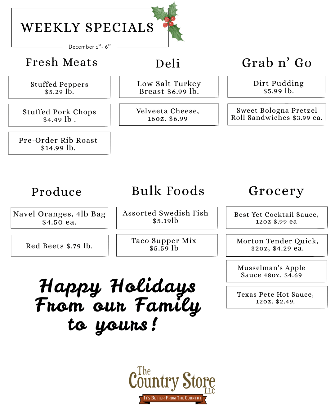 Weekly specials flyer from The Country Store includes discounts on meats, deli, produce, bulk foods, and grocery items.