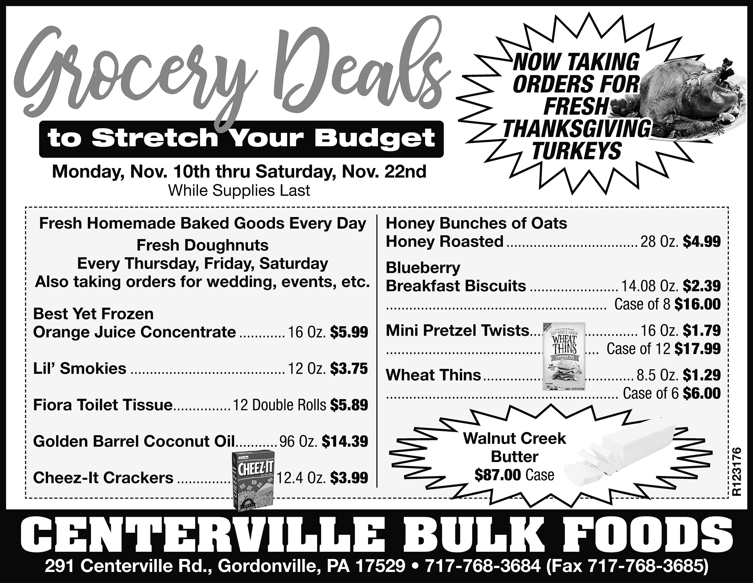 Black and white grocery store ad lists weekly deals on bakery, produce, cereal, crackers, and bulk foods, plus a notice for Thanksgiving turkey orders at Centerville Bulk Foods.