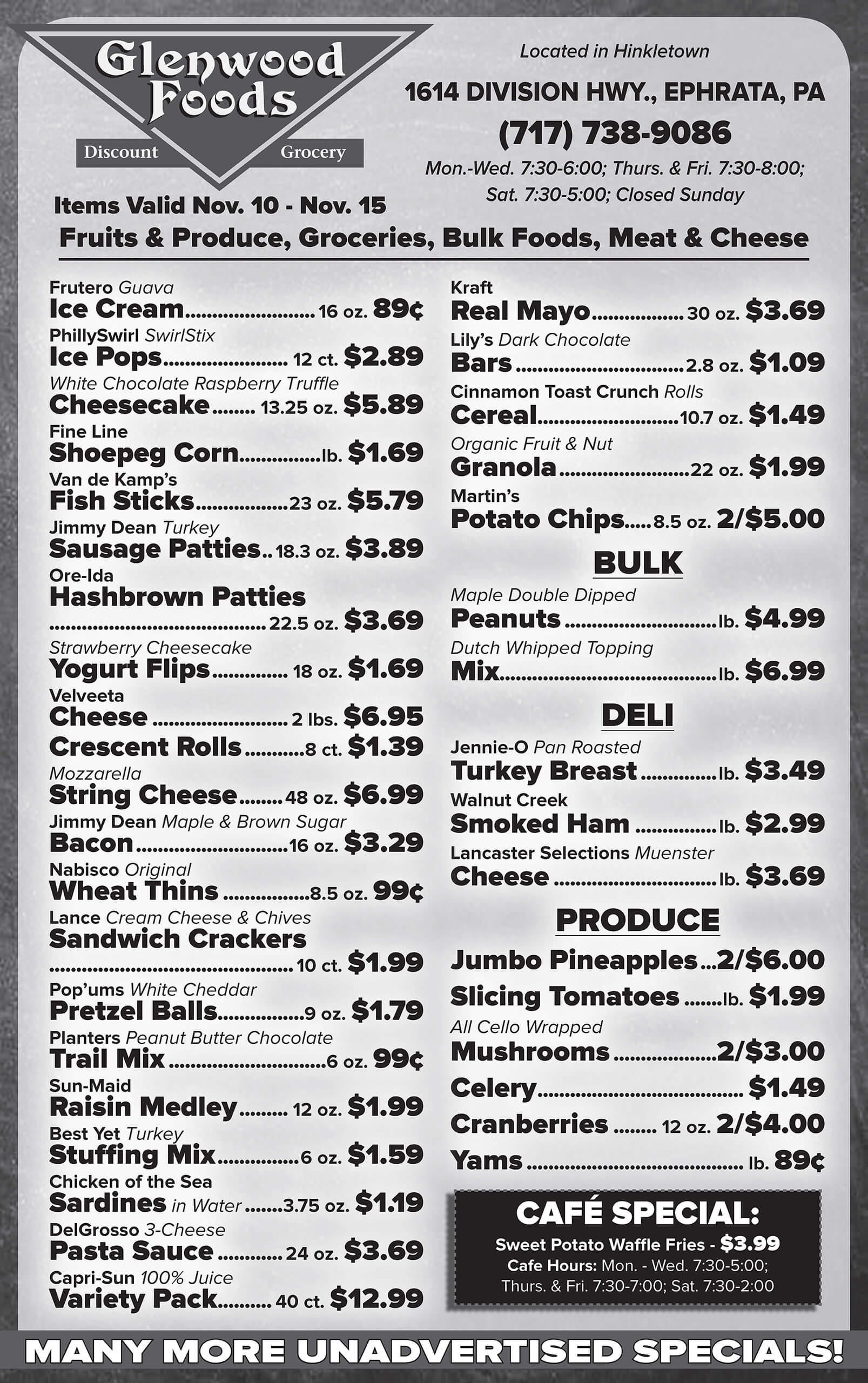A black-and-white grocery store flyer listing discounted food items, prices, and specials from Glenwood Foods, including produce, bakery, deli, and café specials.