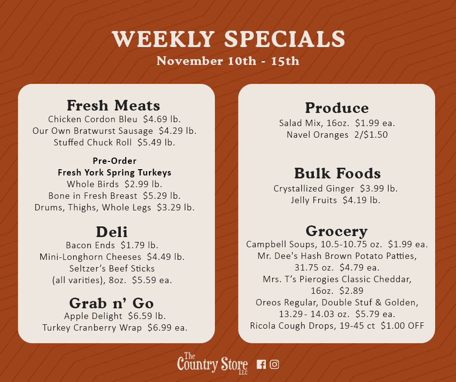 Weekly specials menu for The Country Store, listing discounts on meats, deli items, produce, bulk foods, and grocery items from November 10th to 15th.
