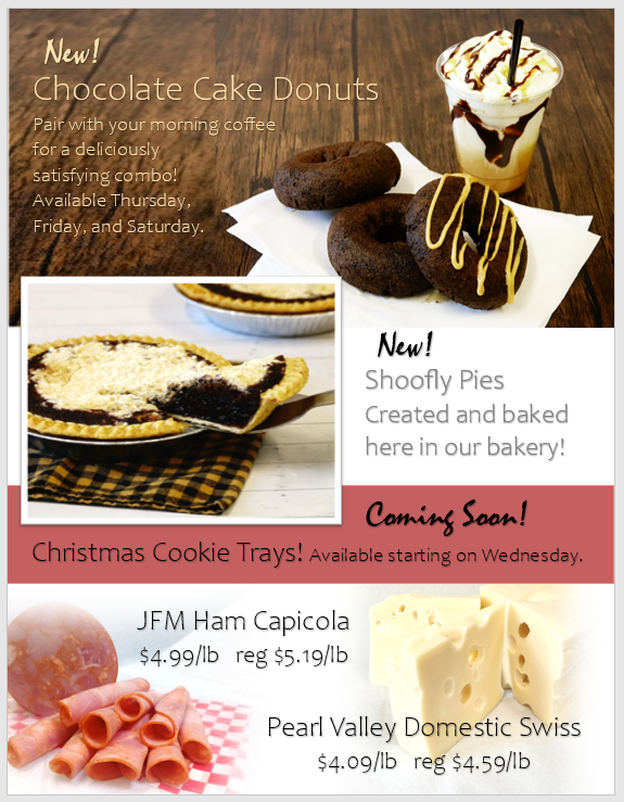 Bakery ad featuring chocolate cake donuts, Shoofly pie, ham capicola, Swiss cheese, and a note about upcoming Christmas cookie trays. Prices and product descriptions are included.