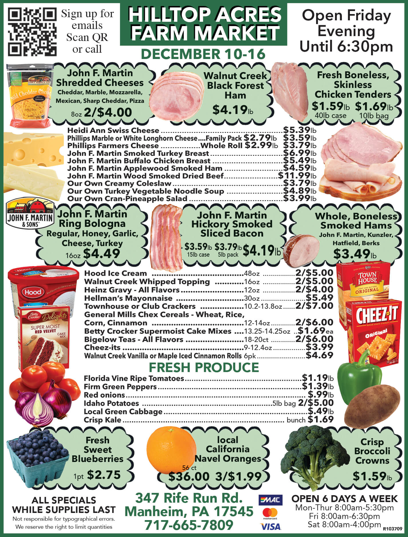 Farm market flyer listing weekly specials on meats, cheeses, produce, and snacks, with prices, product images, store hours, contact info, and promotional offers.