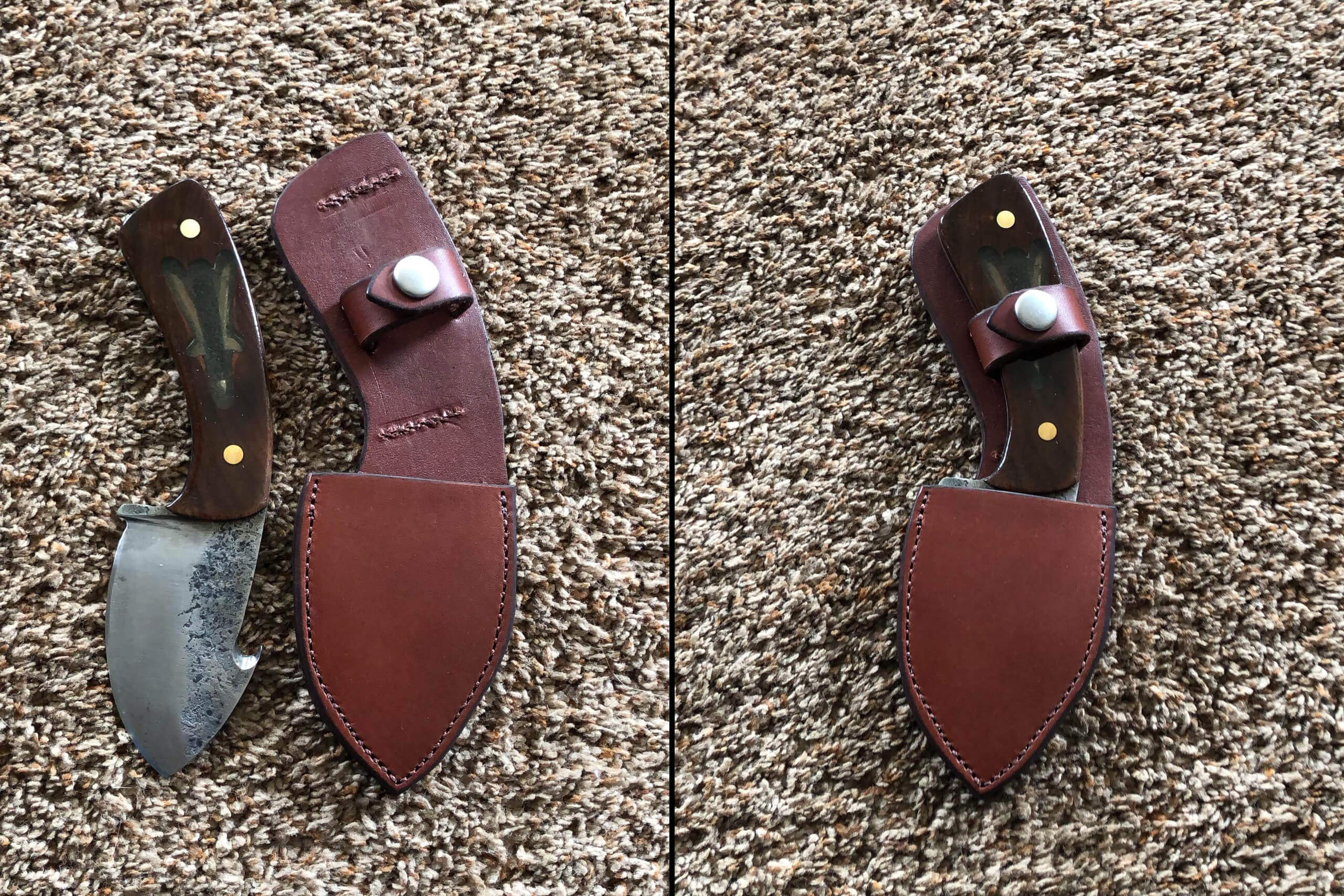 A small fixed-blade knife with a dark wooden handle is shown beside a brown leather sheath on a textured carpet, then placed inside the sheath.