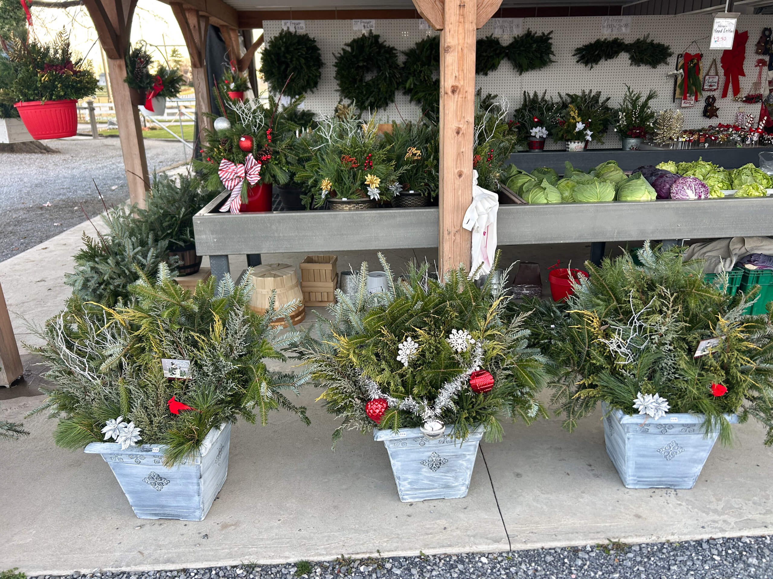 Stoltzfus Produce & Marketfare New Holland PA Outdoor market display with decorative holiday planters in front, wreaths hanging on the wall, and fresh green vegetables on shelves in the background.