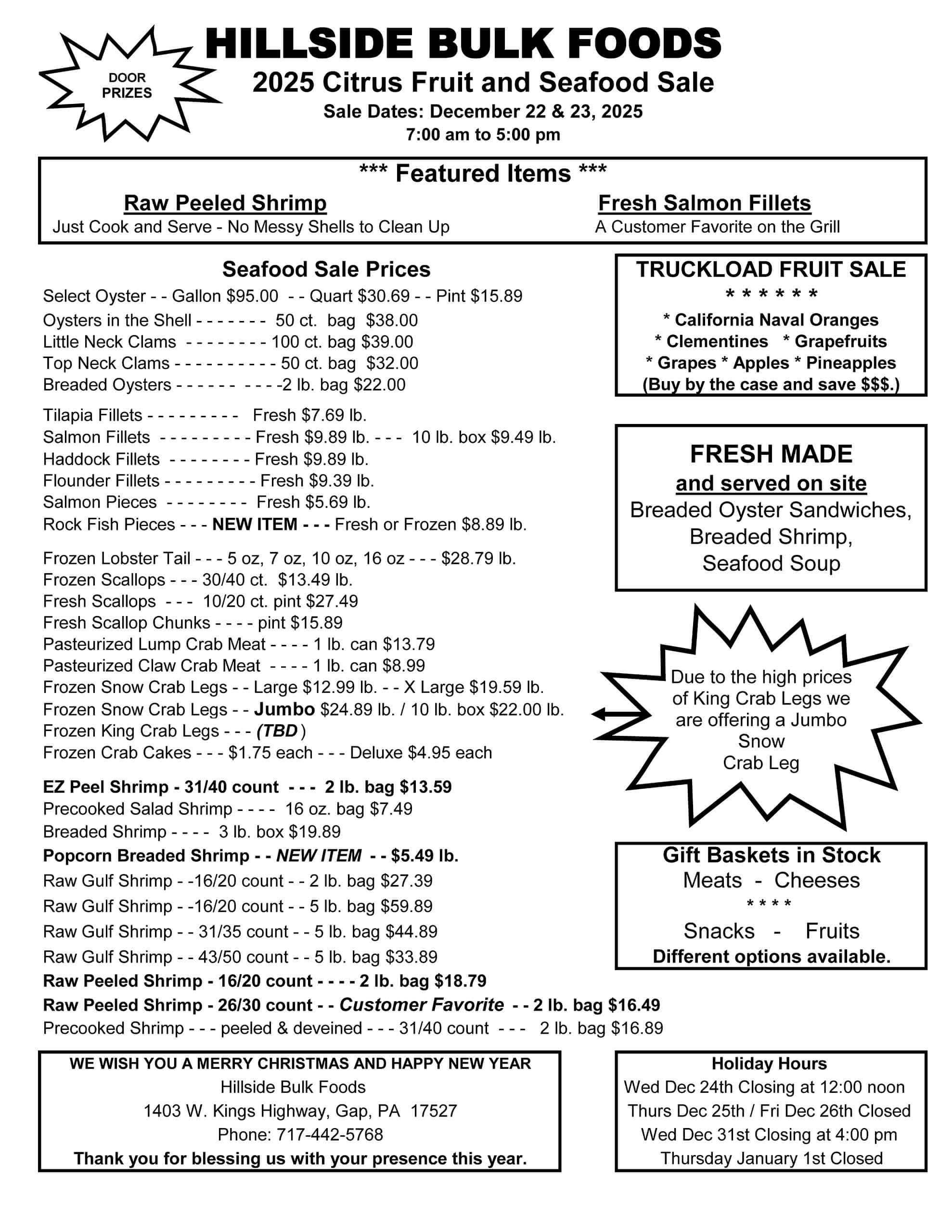 Bulk foods sale flyer listing seafood specials, fresh produce, deli items, gift baskets, baked goods, store hours, and contact information for Hillside Bulk Foods.