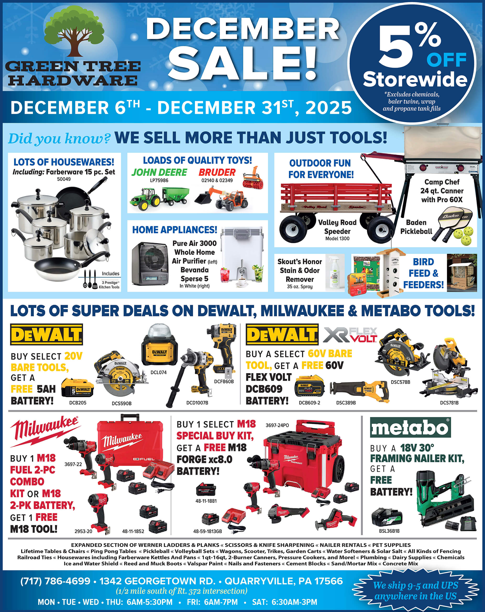 12.16.25 Green Tree Hardware Ad Green Tree Hardware December Sale flyer showing discounts on tools, housewares, toys, and pet supplies, highlighting DeWalt, Milwaukee, and Metabo products, with 5% off storewide.