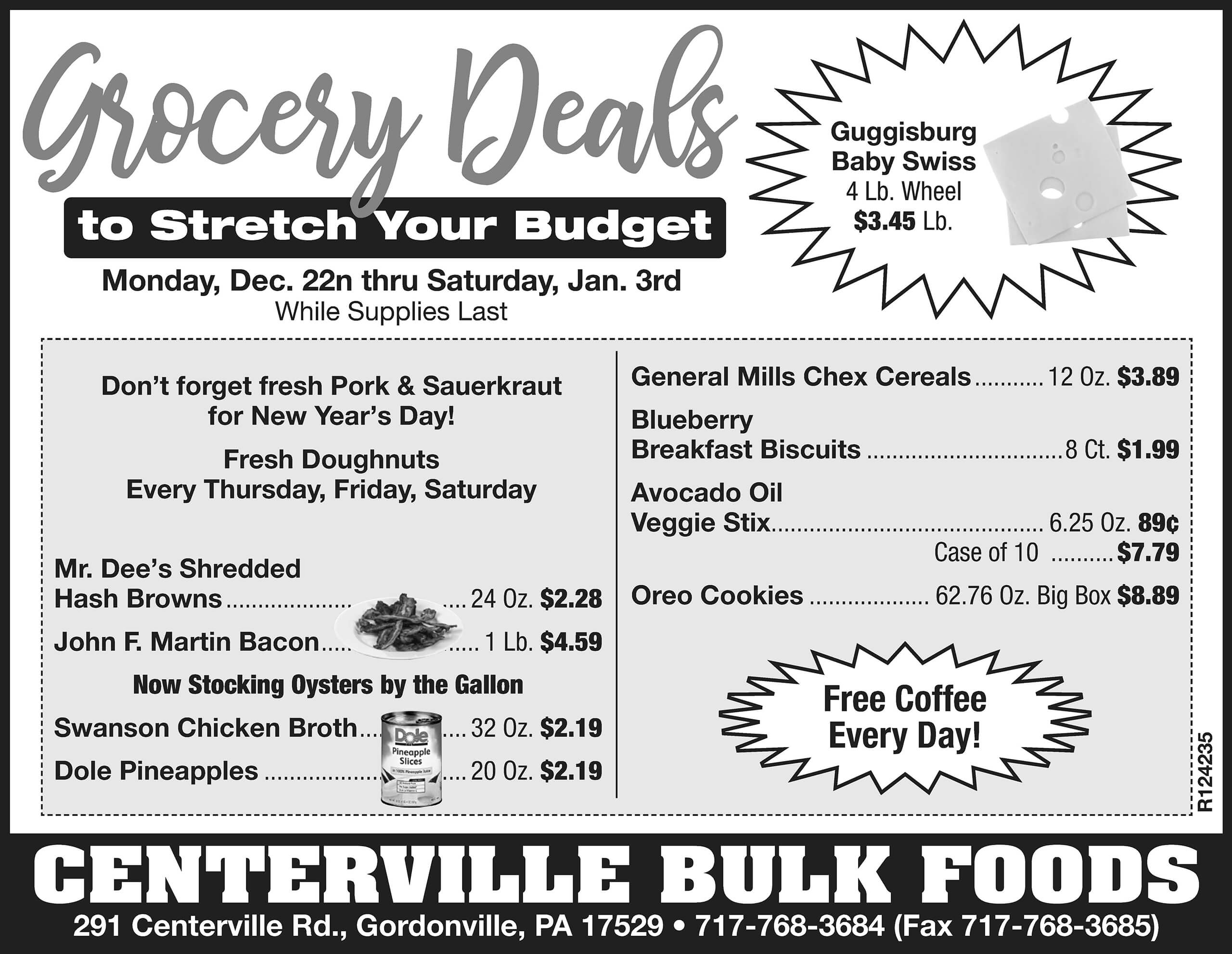 Black-and-white flyer for Centerville Bulk Foods advertises grocery deals, including cheese, cereals, fruit, and more, with prices and store information. Free coffee is also mentioned.