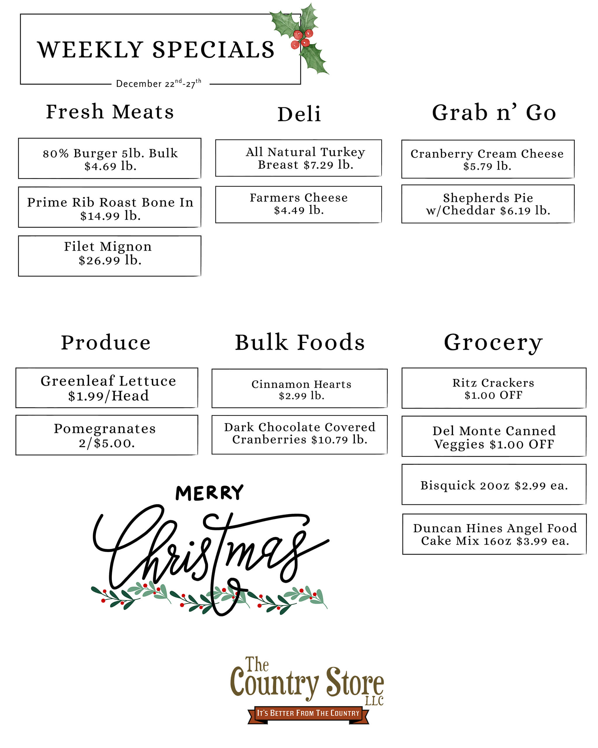 Weekly specials flyer for The Country Store listing fresh meats, deli, grab n’ go, produce, bulk foods, and grocery items, with Christmas-themed decoration at the bottom.