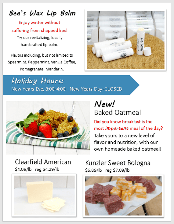 A promotional flyer features beeswax lip balm tubes, a plate of baked oatmeal with berries, sliced American cheese, and sliced bologna, along with product descriptions and prices.