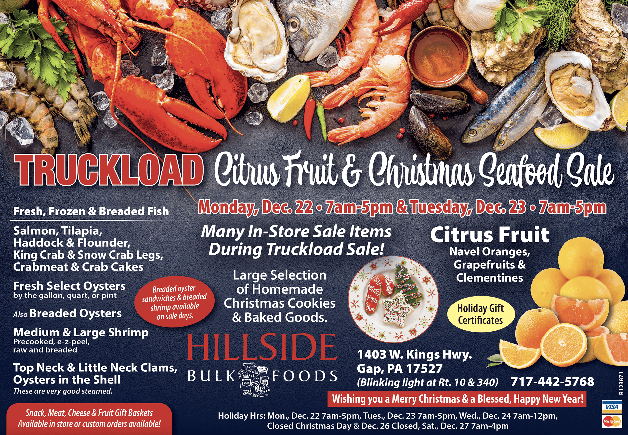 12.4.25 Hillside Bulk Foods Ad Colorful advertisement for a citrus fruit and seafood sale at Hillside Bulk Foods, featuring images of seafood, citrus fruits, sale dates, times, location, and contact information.