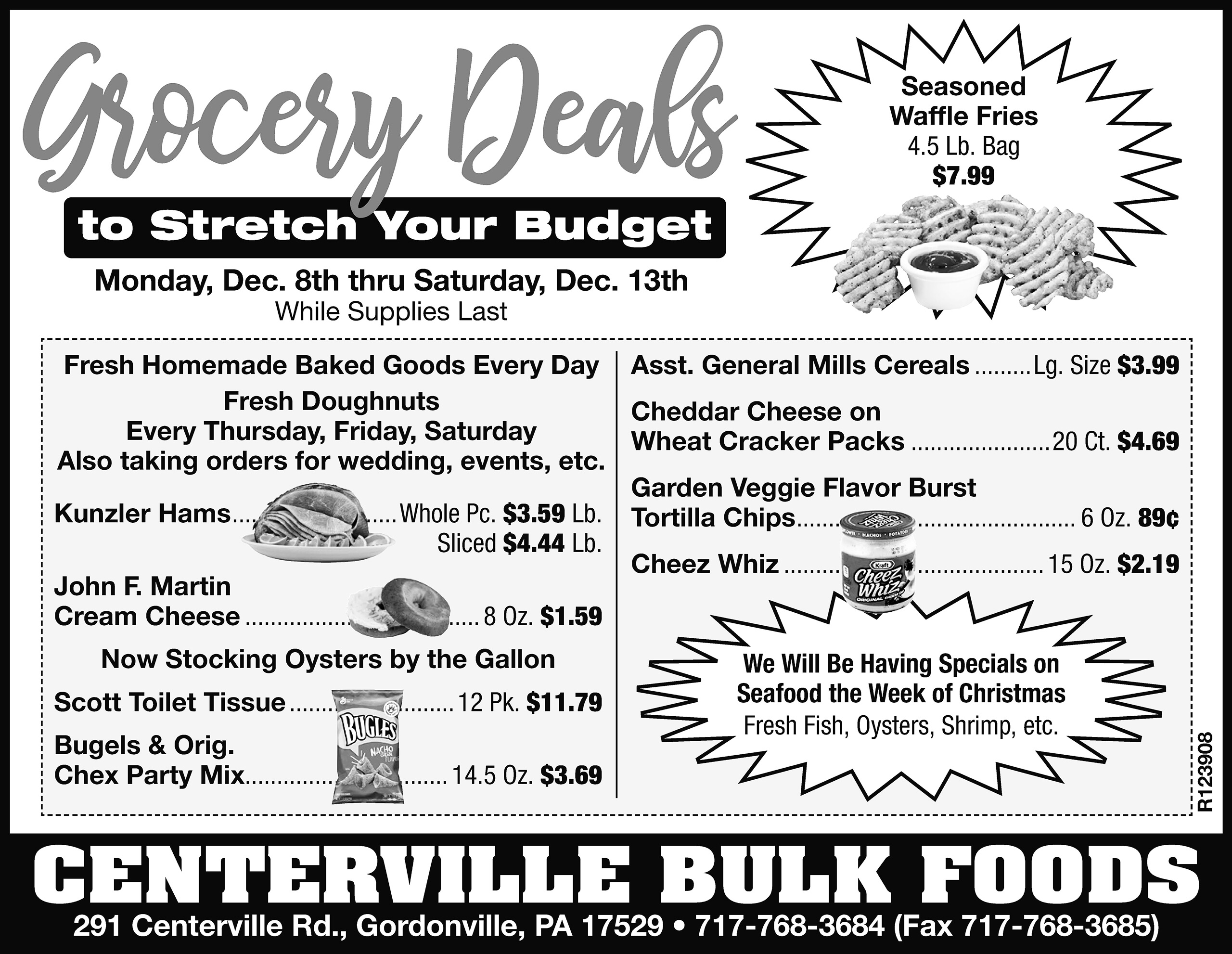 Black and white ad for Centerville Bulk Foods features grocery deals on baked goods, frozen foods, cereals, snacks, and oysters, valid Dec. 8–13, with store contact information included.