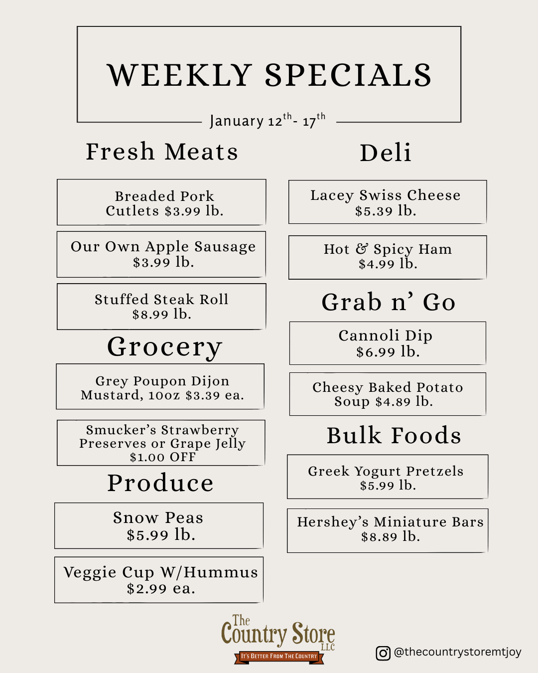 A weekly specials menu lists fresh meats, deli items, grocery, produce, grab n' go, and bulk foods with prices at The Country Store, valid January 12–17.