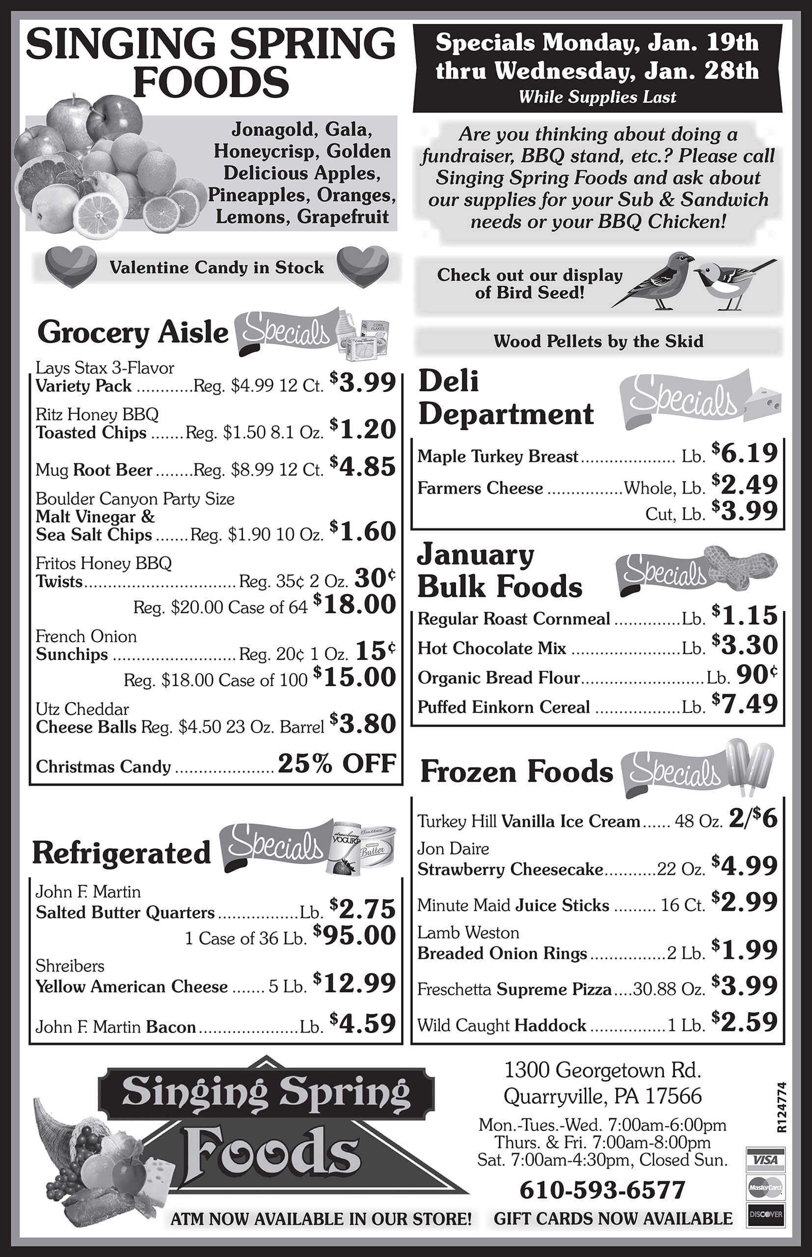 Grocery store flyer listing weekly specials for various items in grocery, deli, bulk foods, and bakery sections, with prices and product details. Store name: Singing Spring Foods.