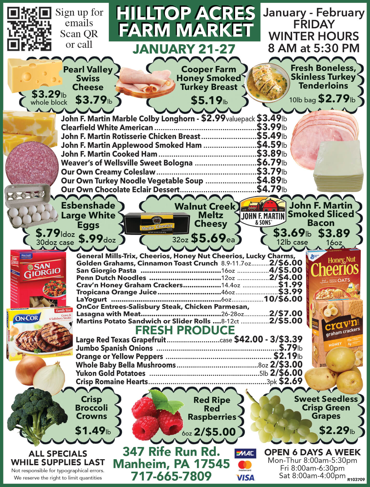 Hilltop Acres Farm Market flyer listing meat, cheese, produce, and grocery specials with prices, contact info, QR code, and winter hours for January and February.