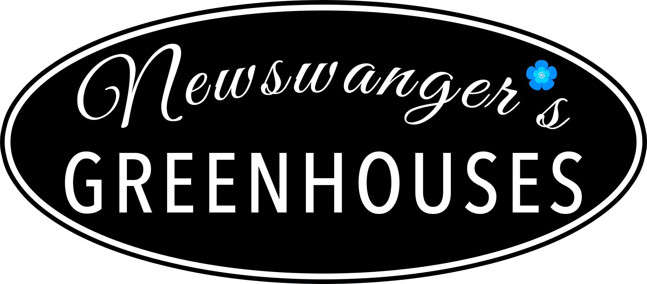 A black oval sign reads "Newswanger's Greenhouses" in white letters, with a small blue flower replacing the dot above the "i" in "Greenhouses.