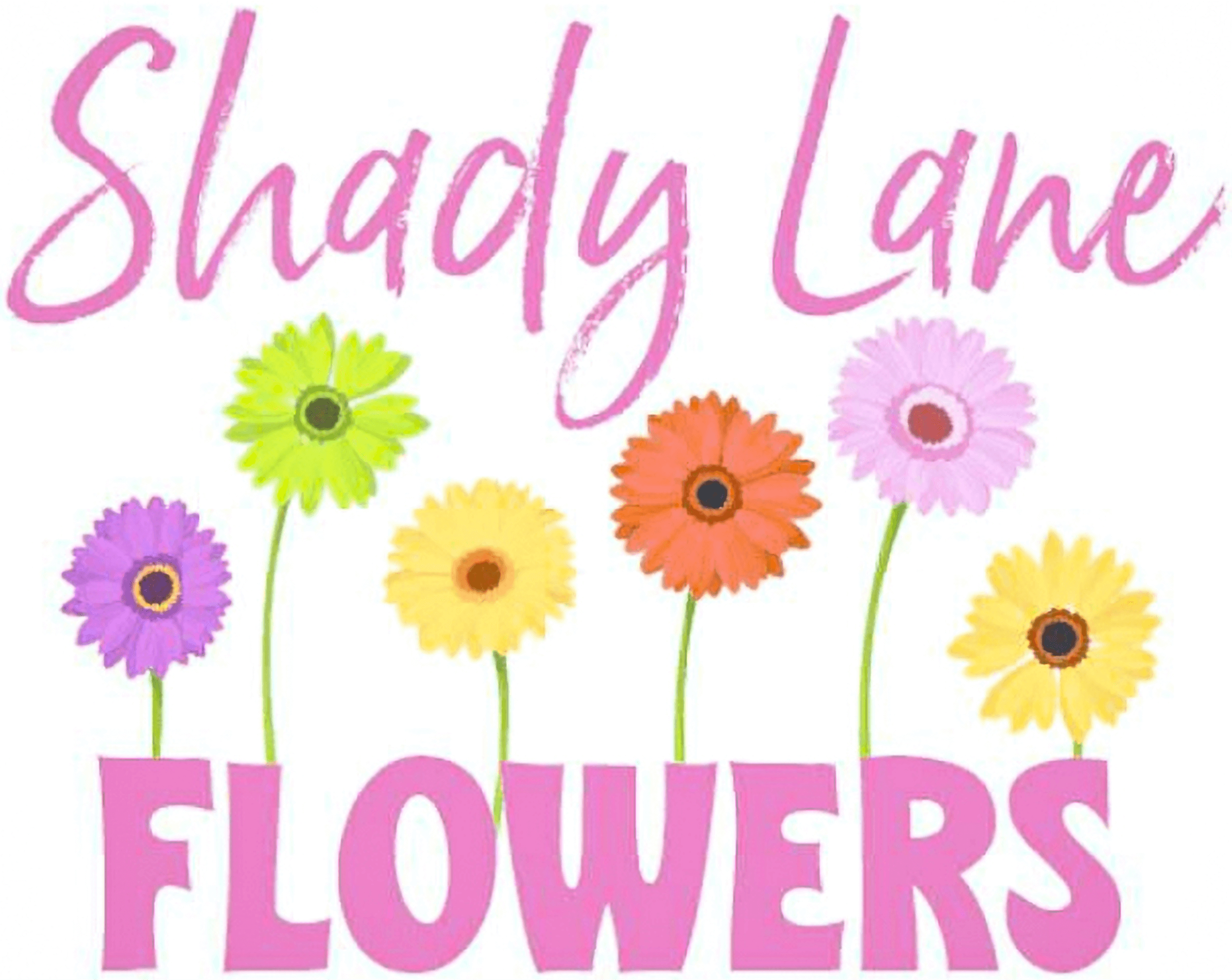 Logo with the words "Shady Lane Flowers" in pink text above illustrations of six colorful flowers with green stems.