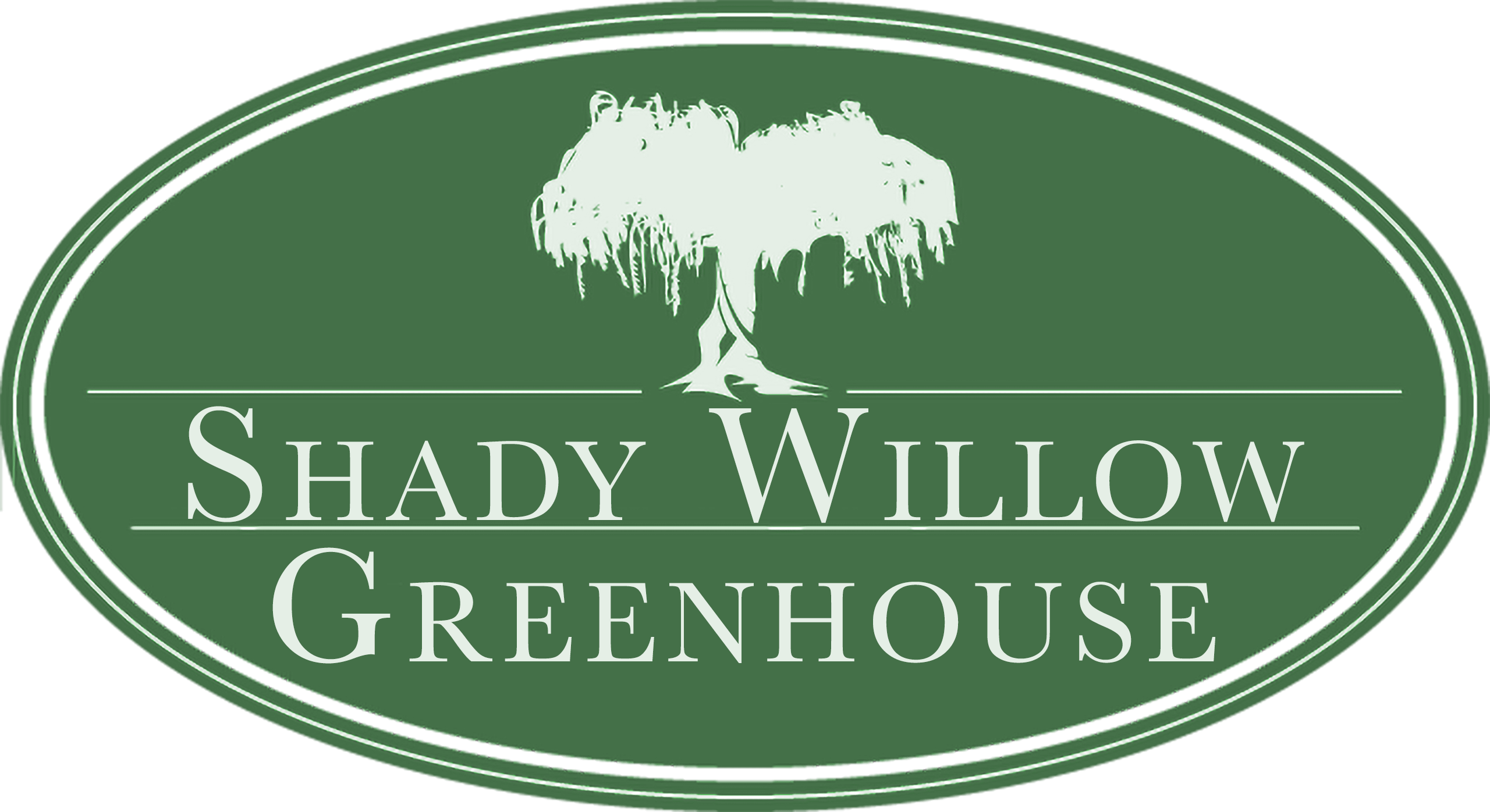 A green oval logo with a white willow tree and the text "Shady Willow Greenhouse" in all caps.