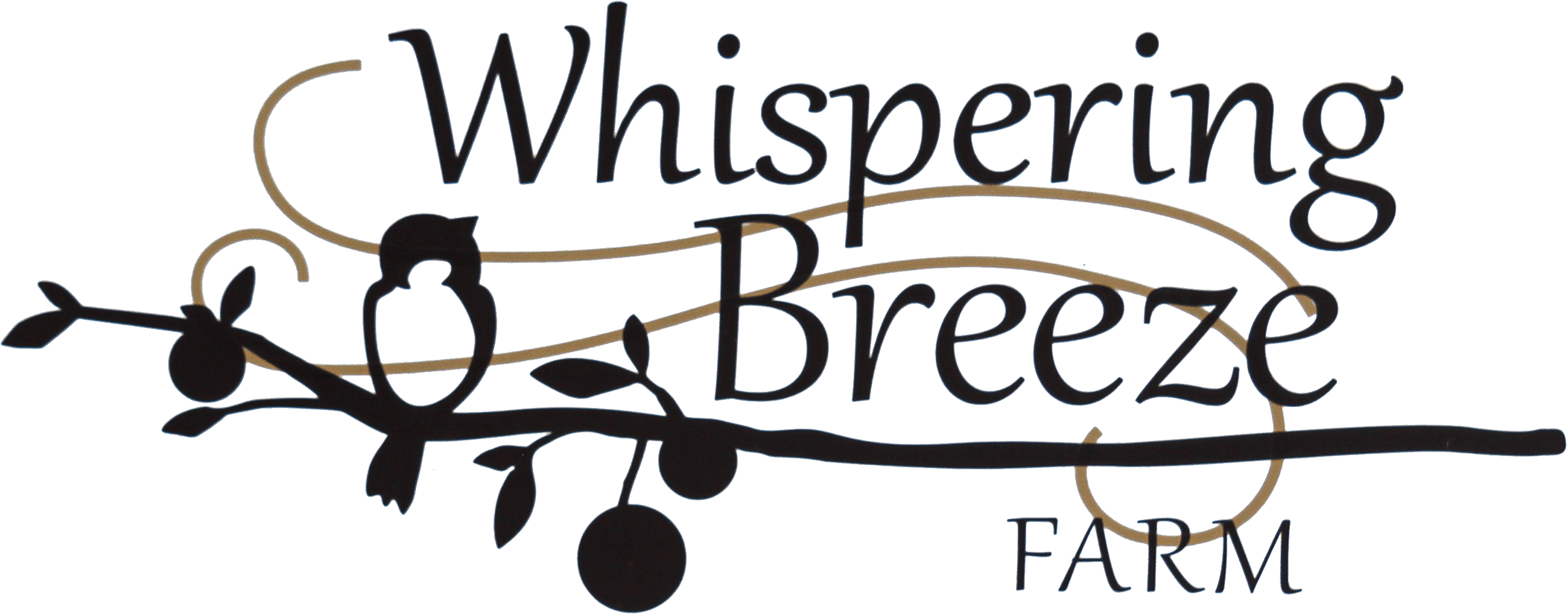 Logo for "Whispering Breeze Farm" featuring a silhouette of a bird on a branch with leaves and fruit.
