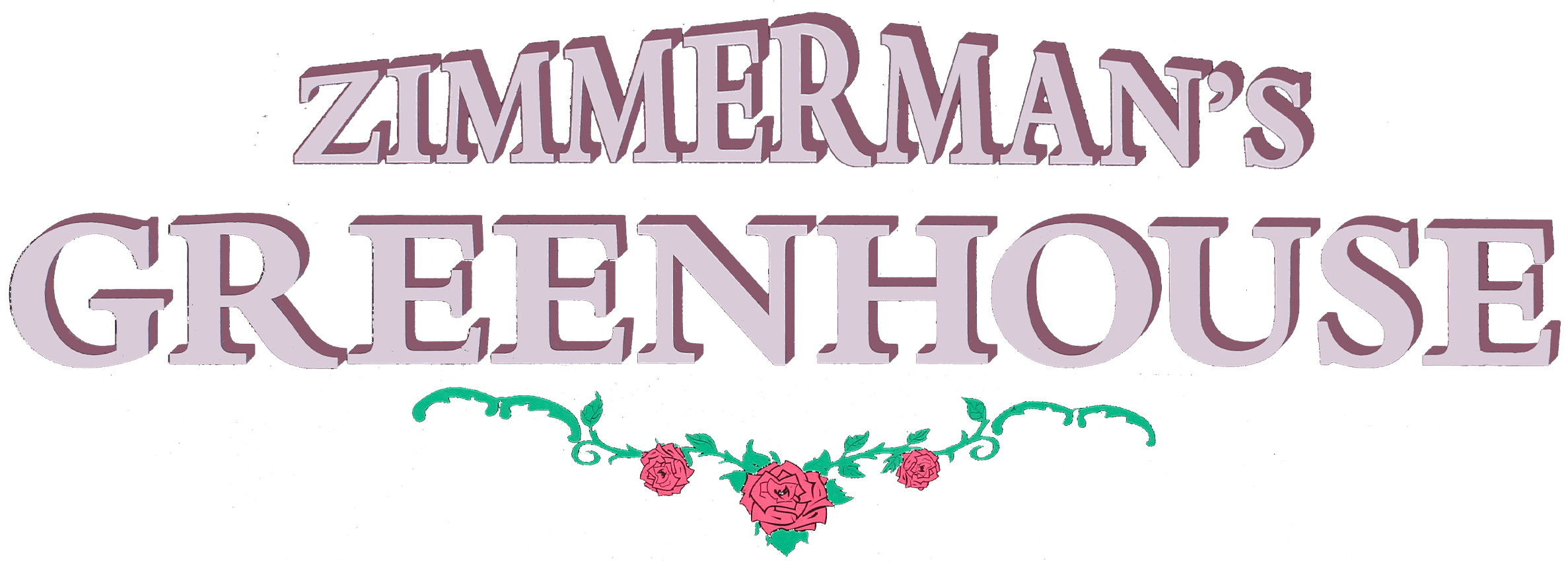 Zimmerman's Greenhouse logo with stylized purple text and a decorative pink rose and green leaves below the word "GREENHOUSE.