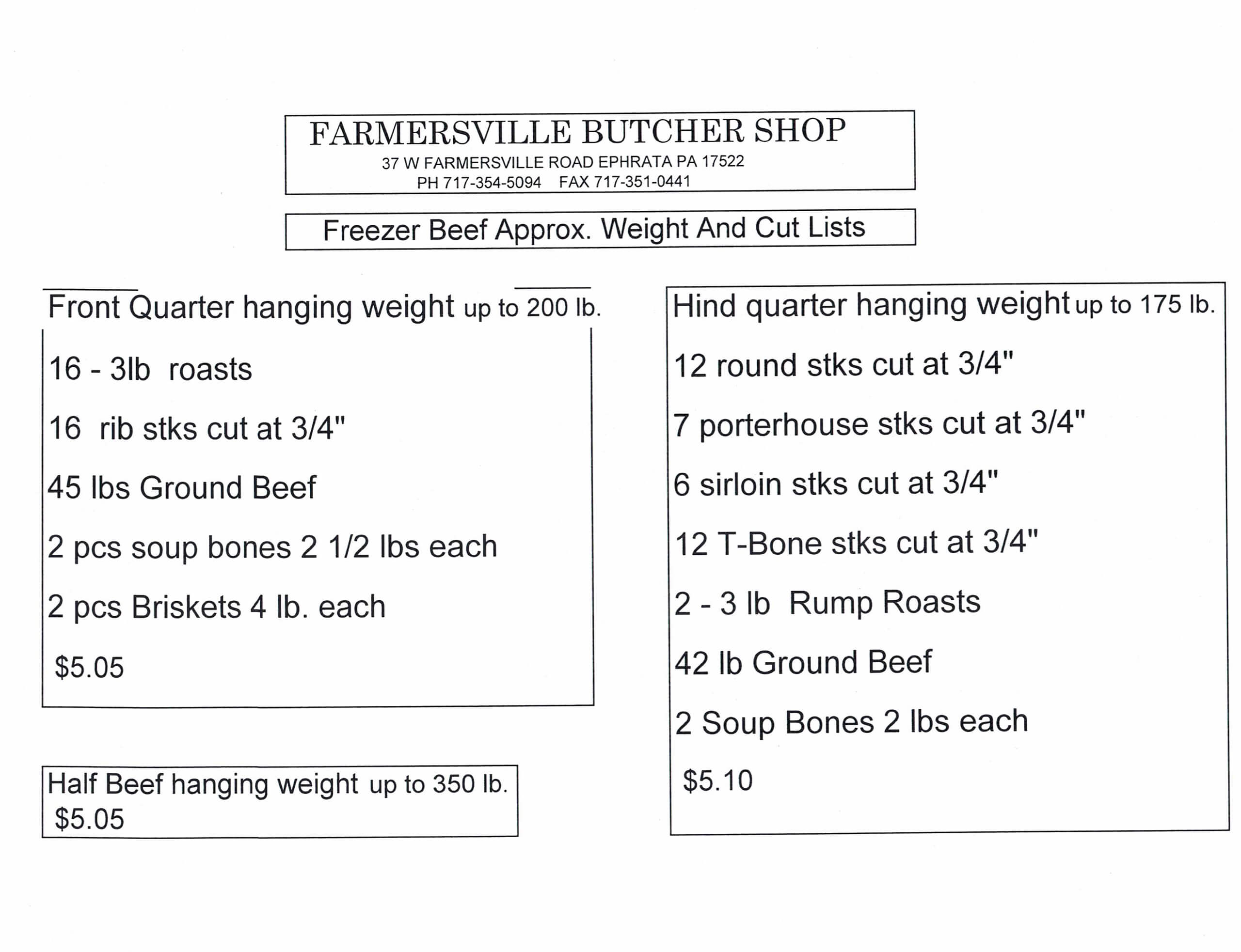 A printed price and cut list from Farmersville Butcher Shop showing beef cuts and quantities for front and hind quarters, plus pricing for half beef.