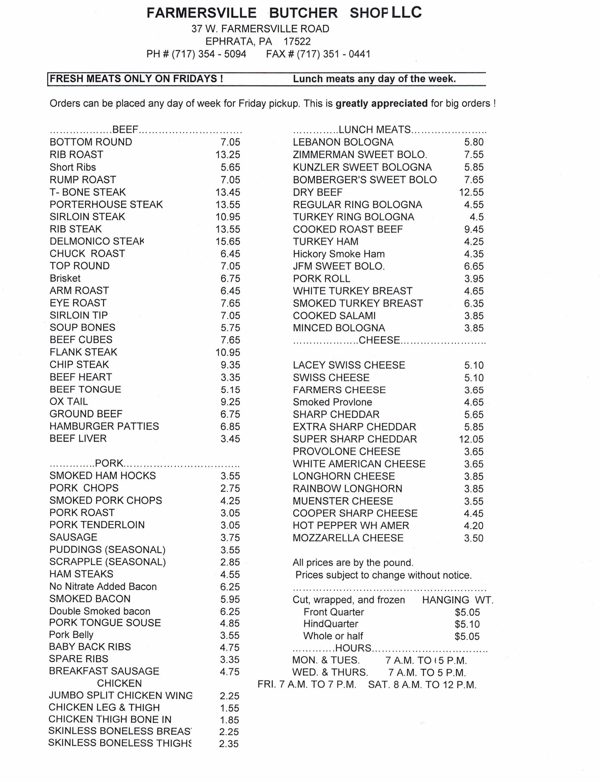 A printed menu from Farmersville Butcher Shop LLC lists various meats, cheeses, and prices, along with the shop’s address, hours, and instructions for placing orders.