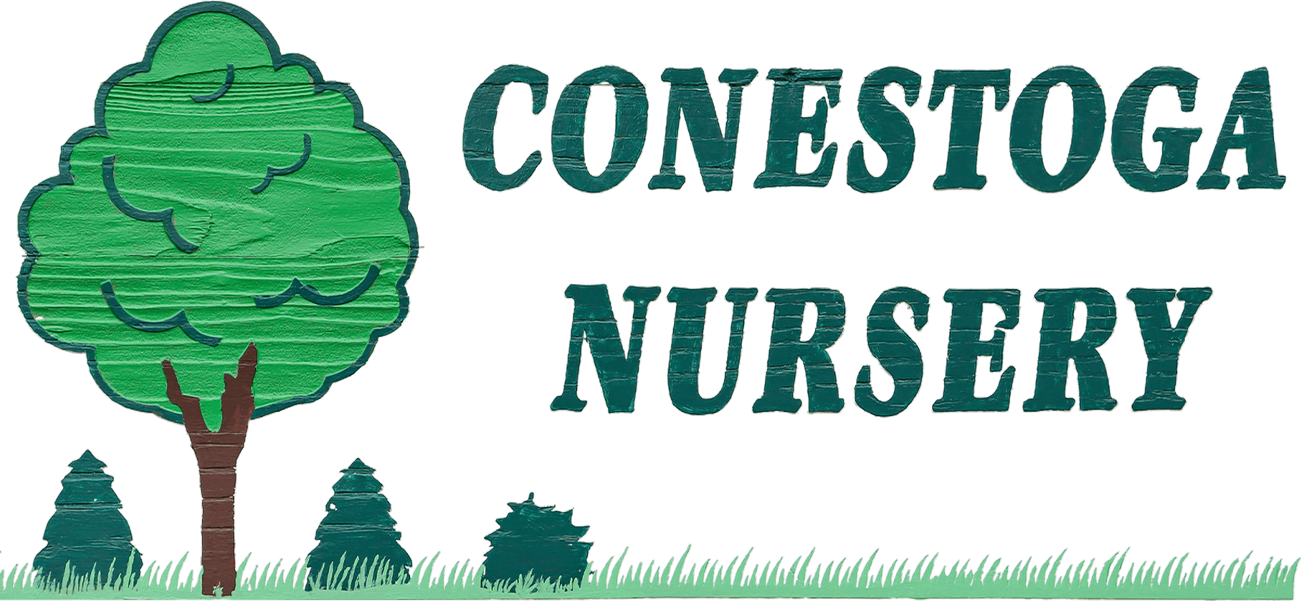 A painted sign reads "Conestoga Nursery" with an illustration of a large tree, smaller shrubs, and grass.