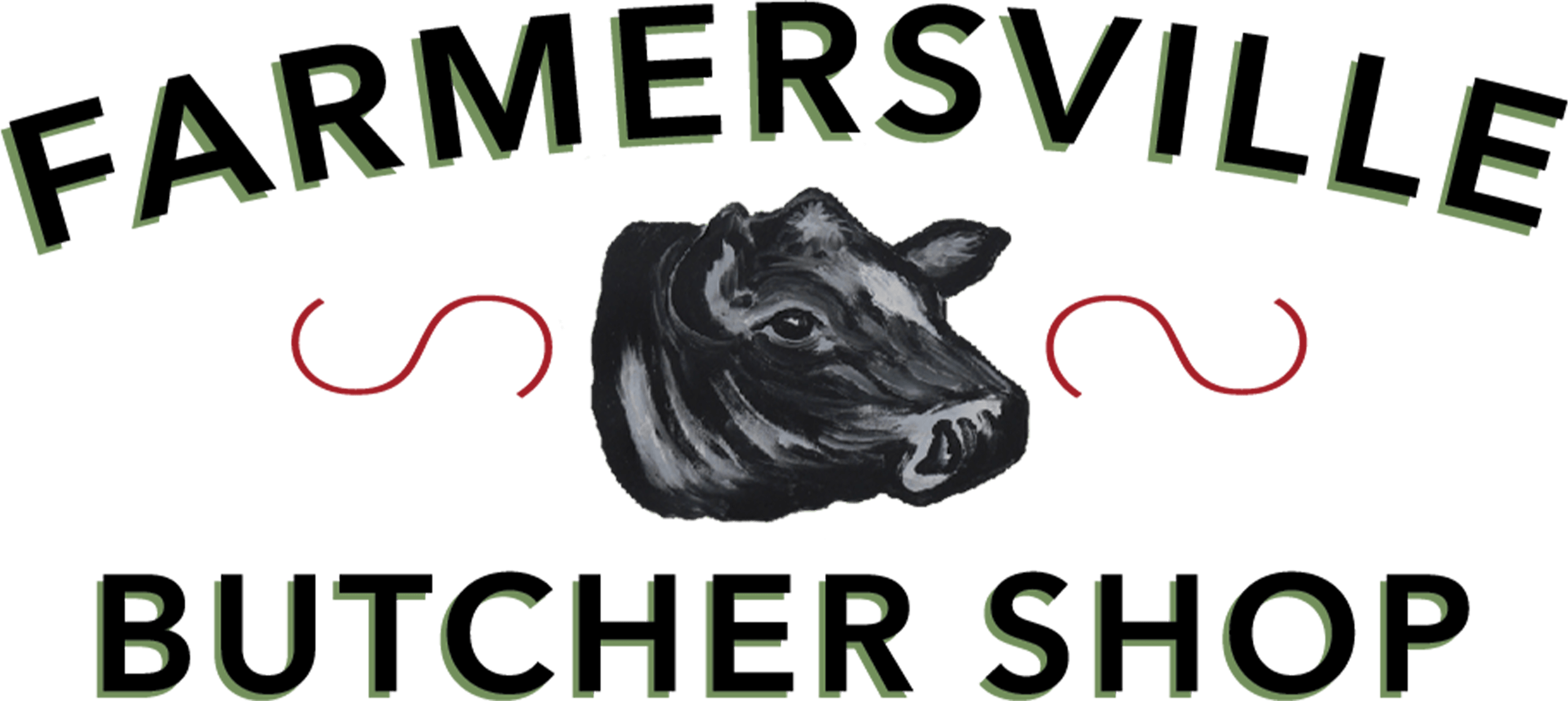 Logo for Farmersville Butcher Shop featuring a black and white cow head illustration between the words, with two red decorative swirls.