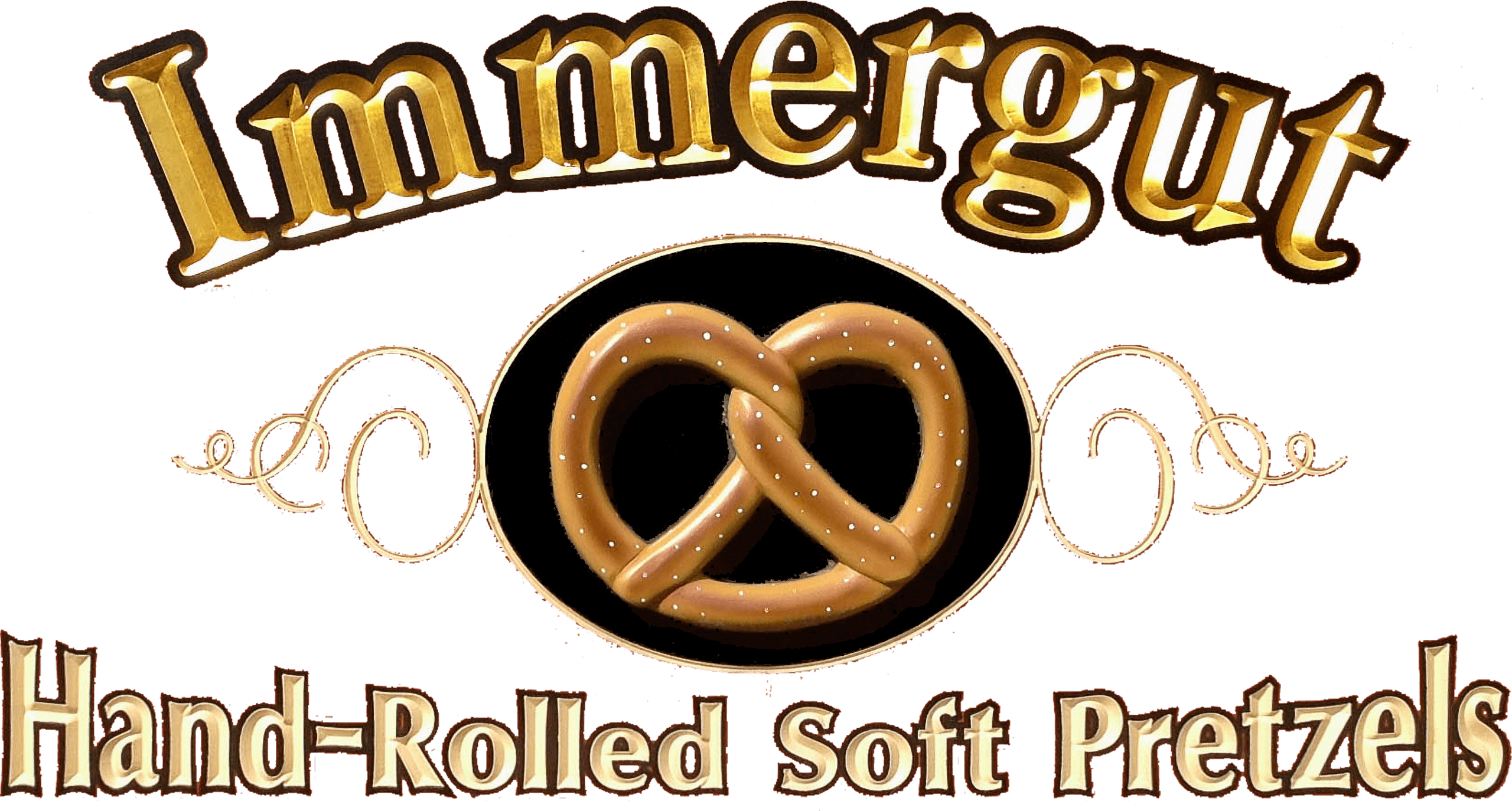 Sign reading "Immergut Hand-Rolled Soft Pretzels" with an illustration of a soft pretzel in the center.