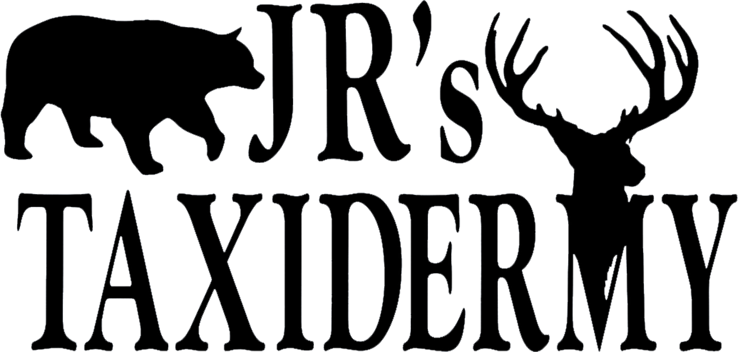 Black and white logo for JR's Taxidermy featuring a bear silhouette above "JR's" and a deer head silhouette integrated into the word "Taxidermy.