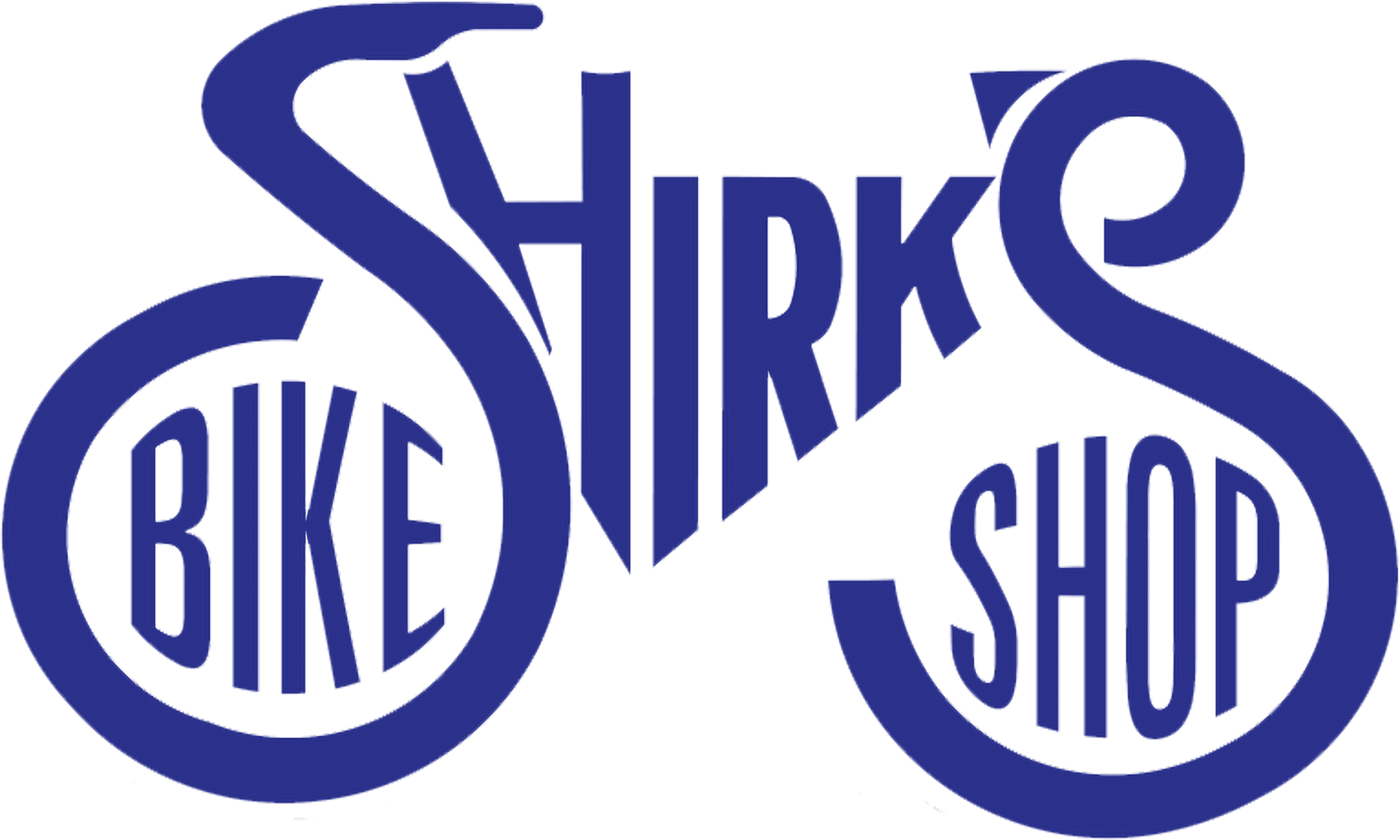 Logo for Shirks Bike Shop with stylized blue text forming the shape of a bicycle, featuring the words "Bike" and "Shop" in the wheels.